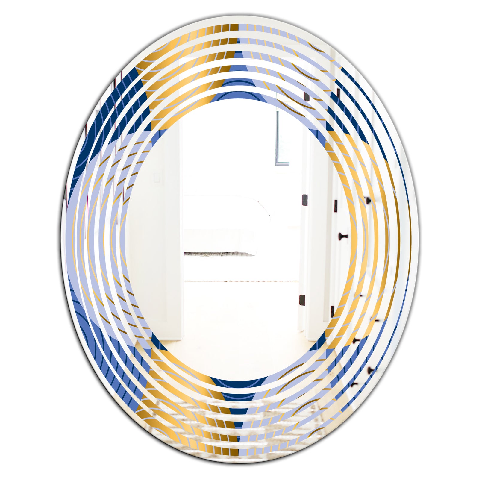 Retro Luxury Waves In Gold and Blue X - Modern Round or Oval Wall Mirror - Wave