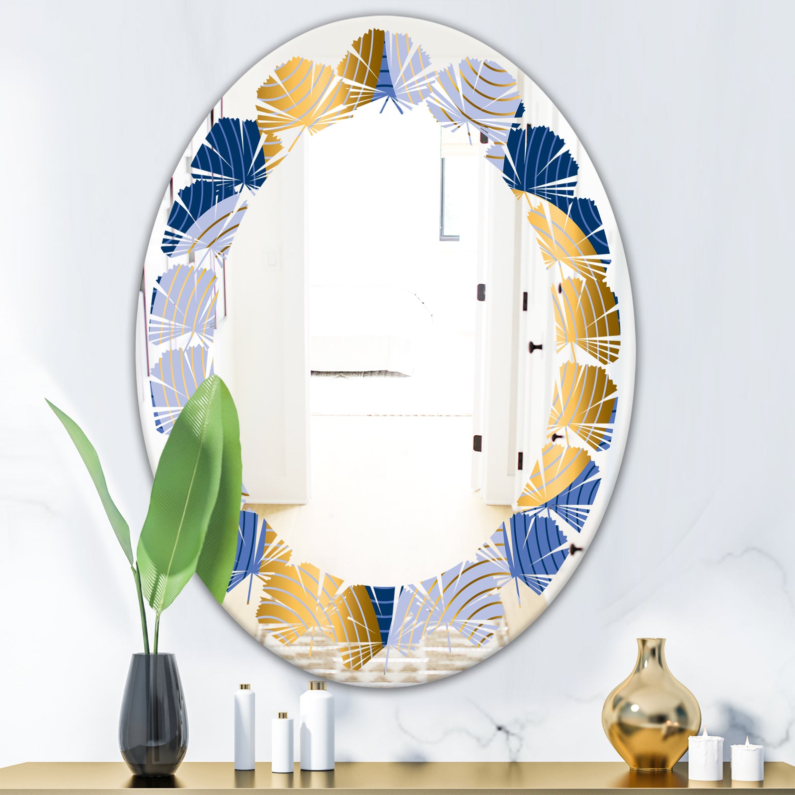 Retro Luxury Waves In Gold and Blue X - Modern Round or Oval Wall Mirror - Leaves