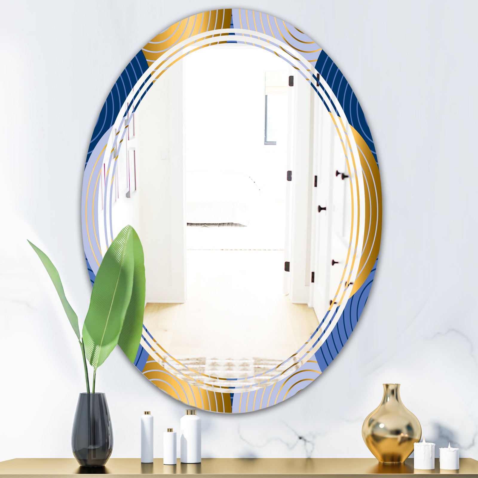 Retro Luxury Waves In Gold and Blue X - Modern Round or Oval Wall Mirror - Triple C