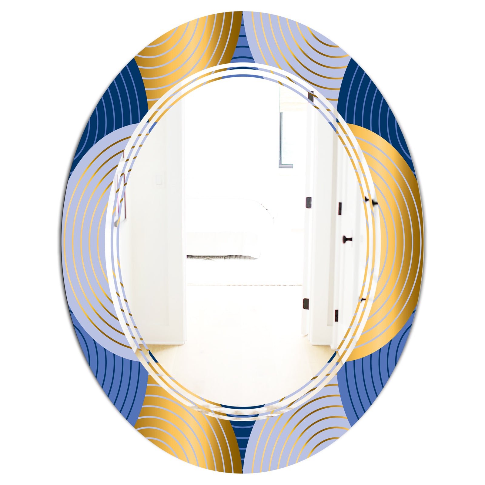 Retro Luxury Waves In Gold and Blue X - Modern Round or Oval Wall Mirror - Triple C