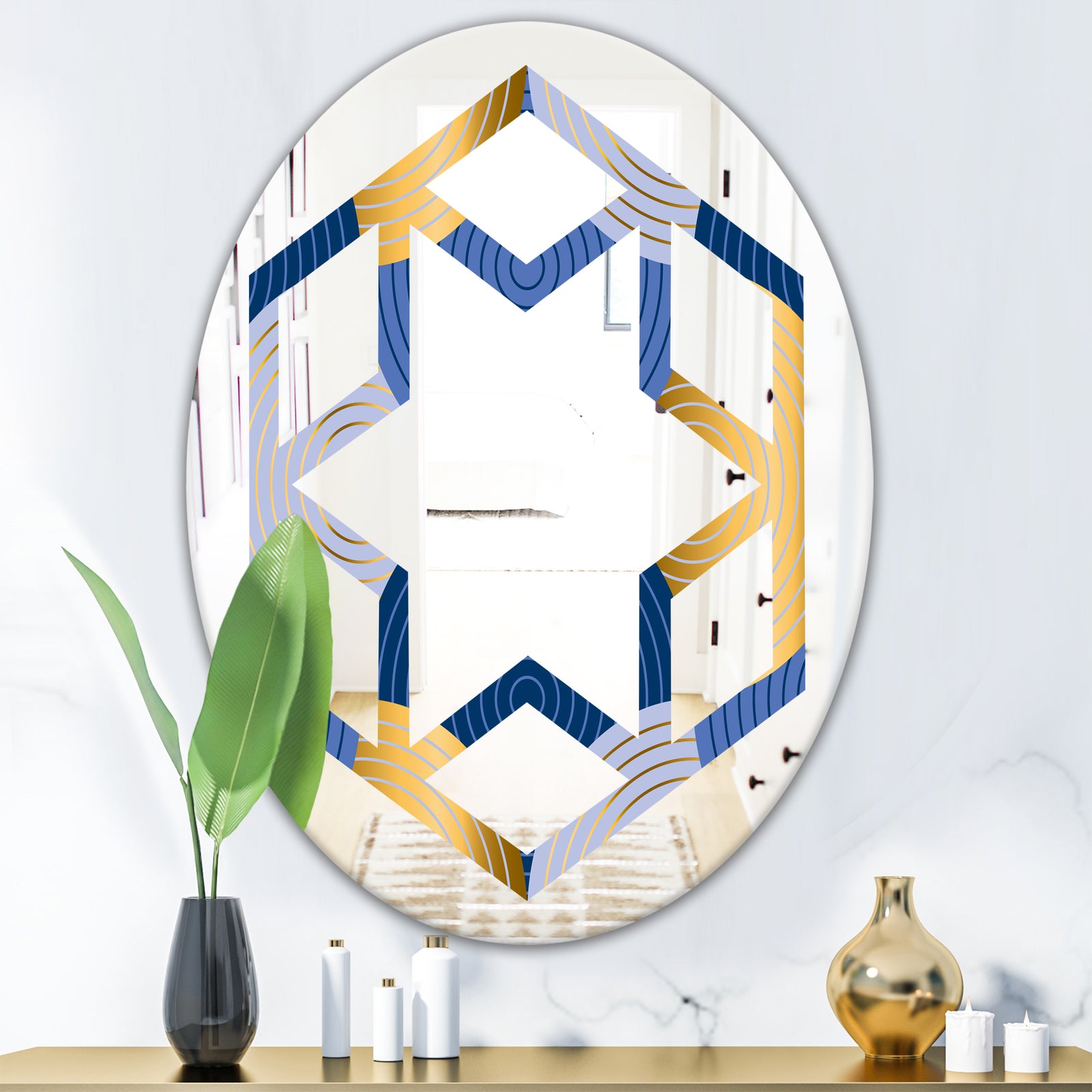 Retro Luxury Waves In Gold and Blue X - Modern Round or Oval Wall Mirror - Hexagon Star