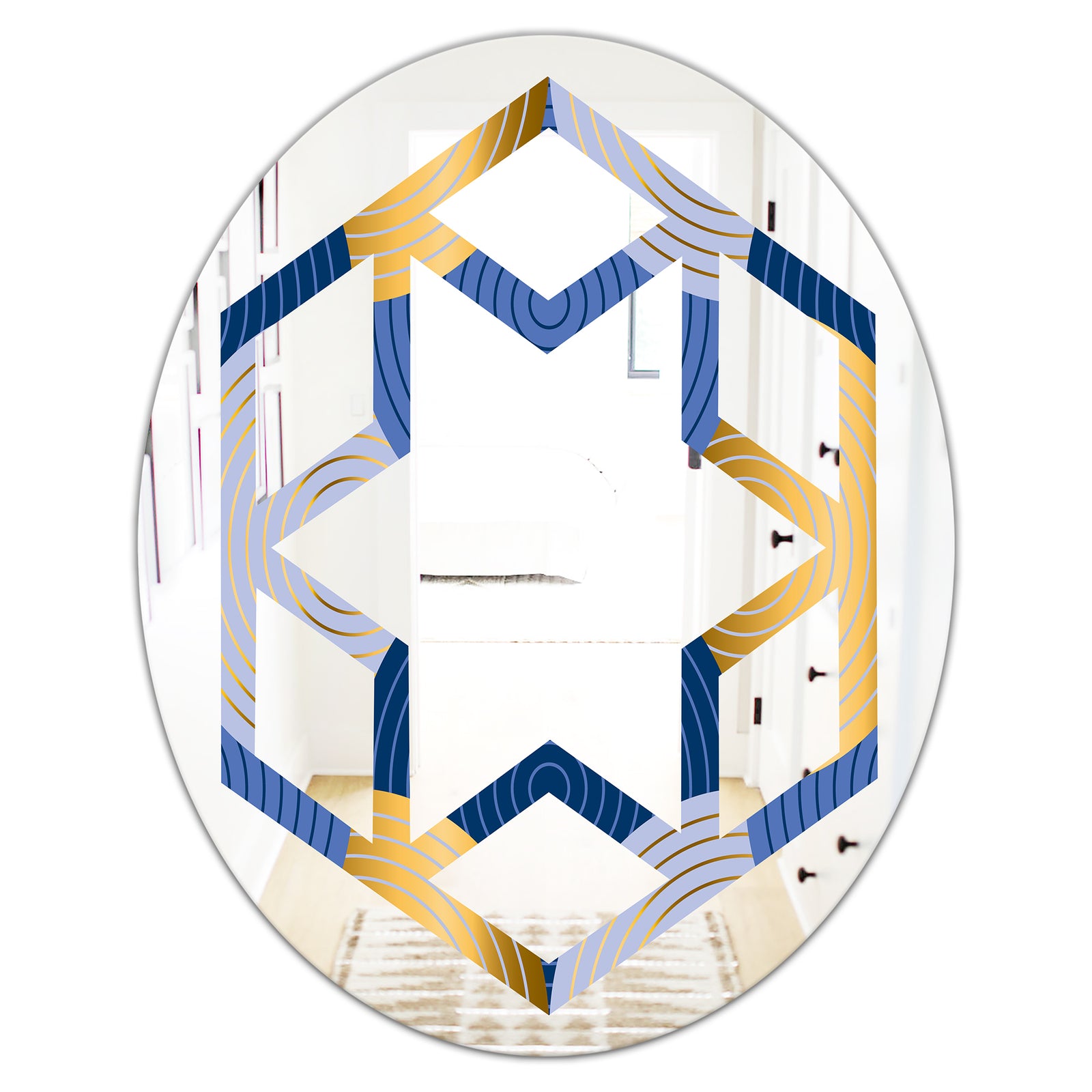 Retro Luxury Waves In Gold and Blue X - Modern Round or Oval Wall Mirror - Hexagon Star