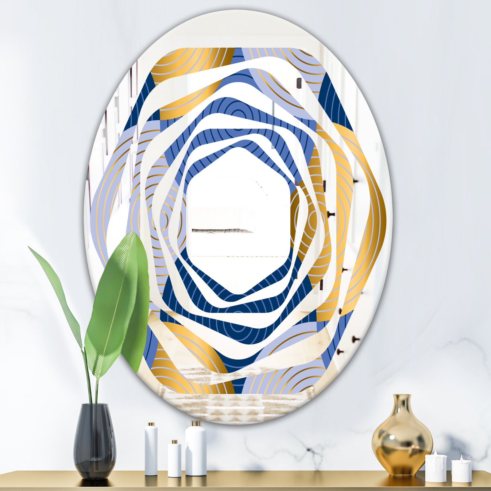Retro Luxury Waves In Gold and Blue X - Modern Round or Oval Wall Mirror - Whirl