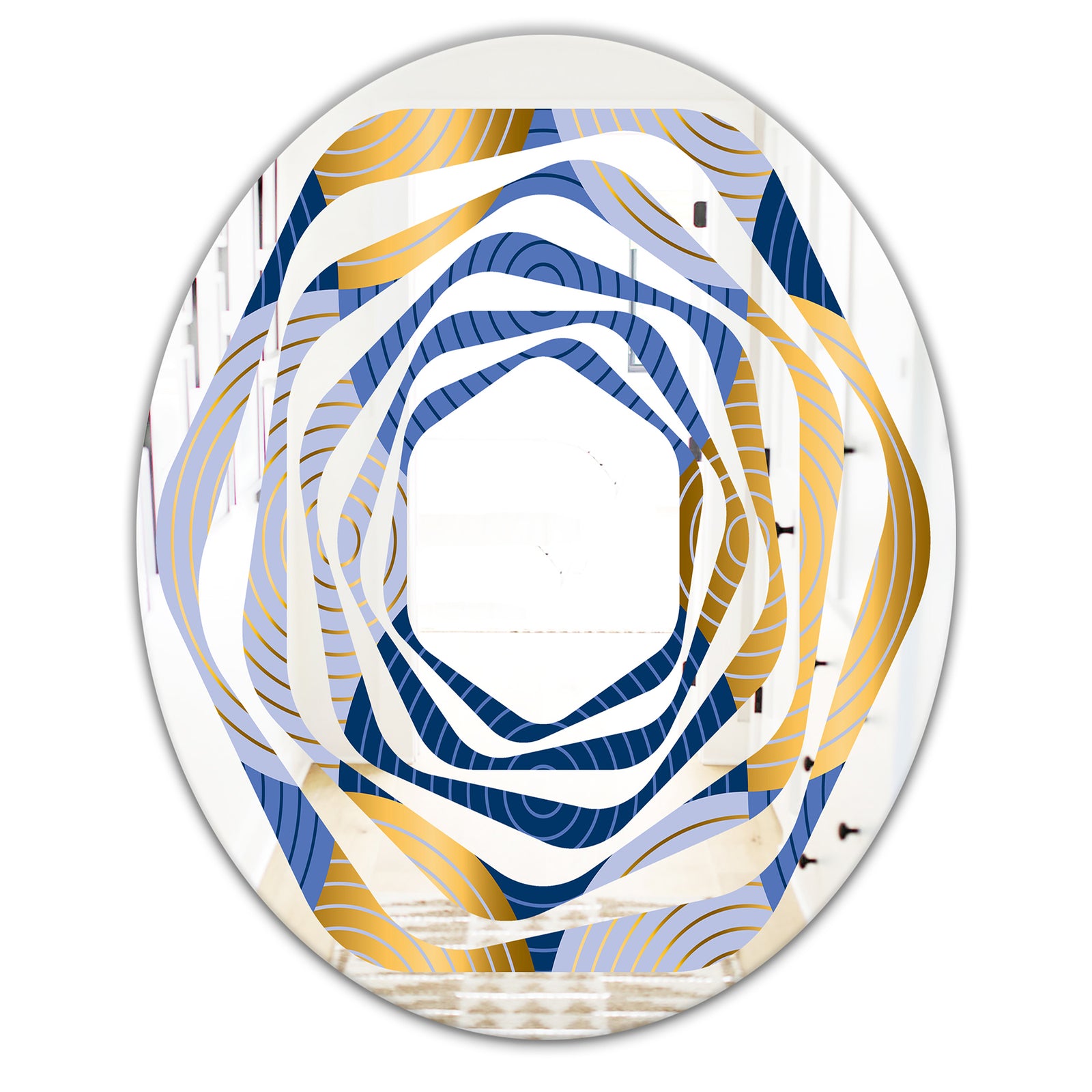 Retro Luxury Waves In Gold and Blue X - Modern Round or Oval Wall Mirror - Whirl