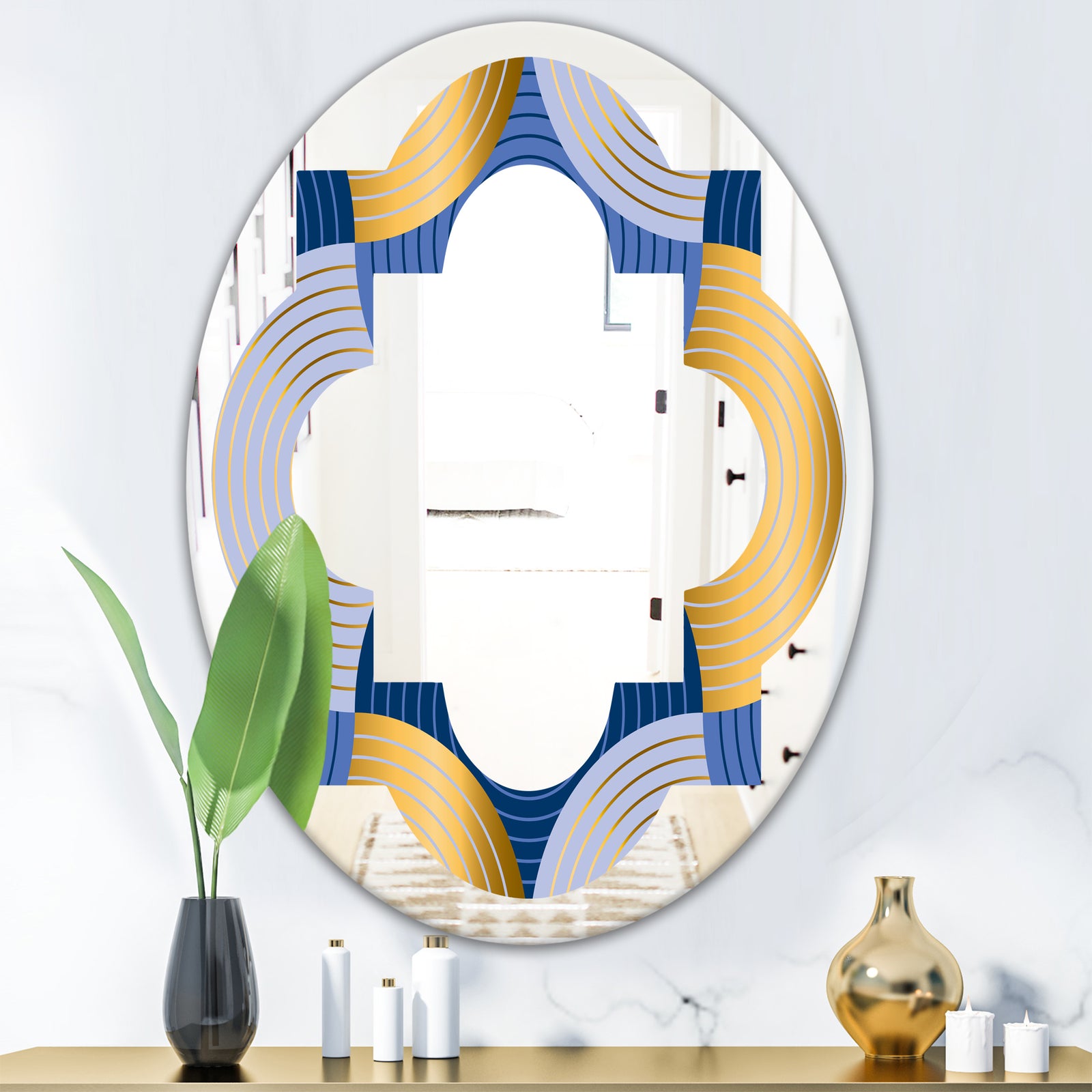 Retro Luxury Waves In Gold and Blue X - Modern Round or Oval Wall Mirror - Quatrefoil