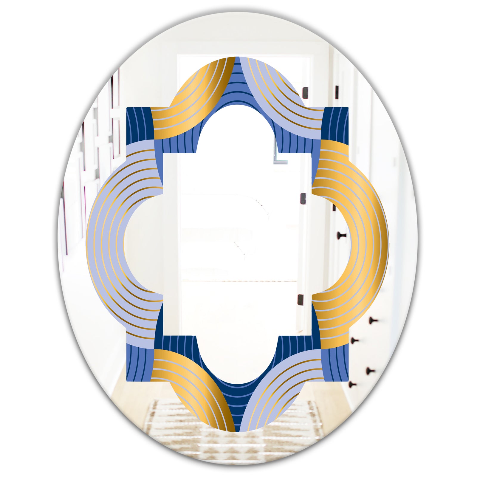 Retro Luxury Waves In Gold and Blue X - Modern Round or Oval Wall Mirror - Quatrefoil