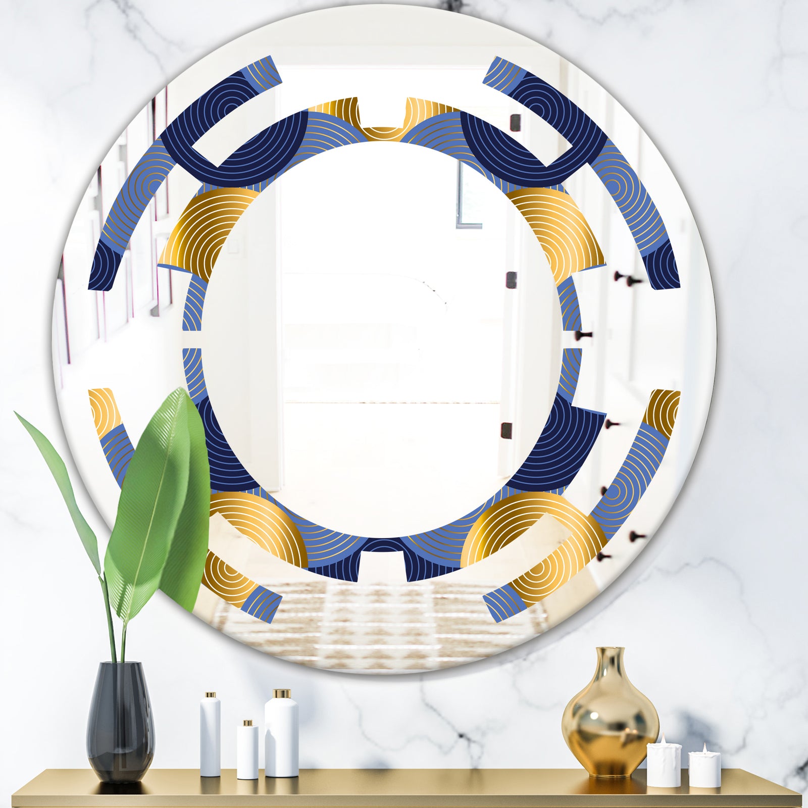Retro Luxury Waves In Gold and Blue VIII - Modern Round or Oval Wall Mirror - Space