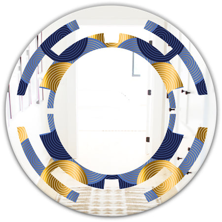 Retro Luxury Waves In Gold and Blue VIII - Modern Round or Oval Wall Mirror - Space