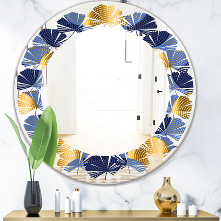 Retro Luxury Waves In Gold and Blue VIII - Modern Round or Oval Wall Mirror - Leaves