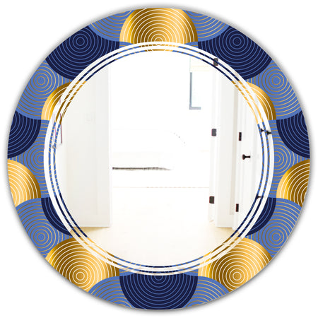 Retro Luxury Waves In Gold and Blue VIII - Modern Round or Oval Wall Mirror - Triple C