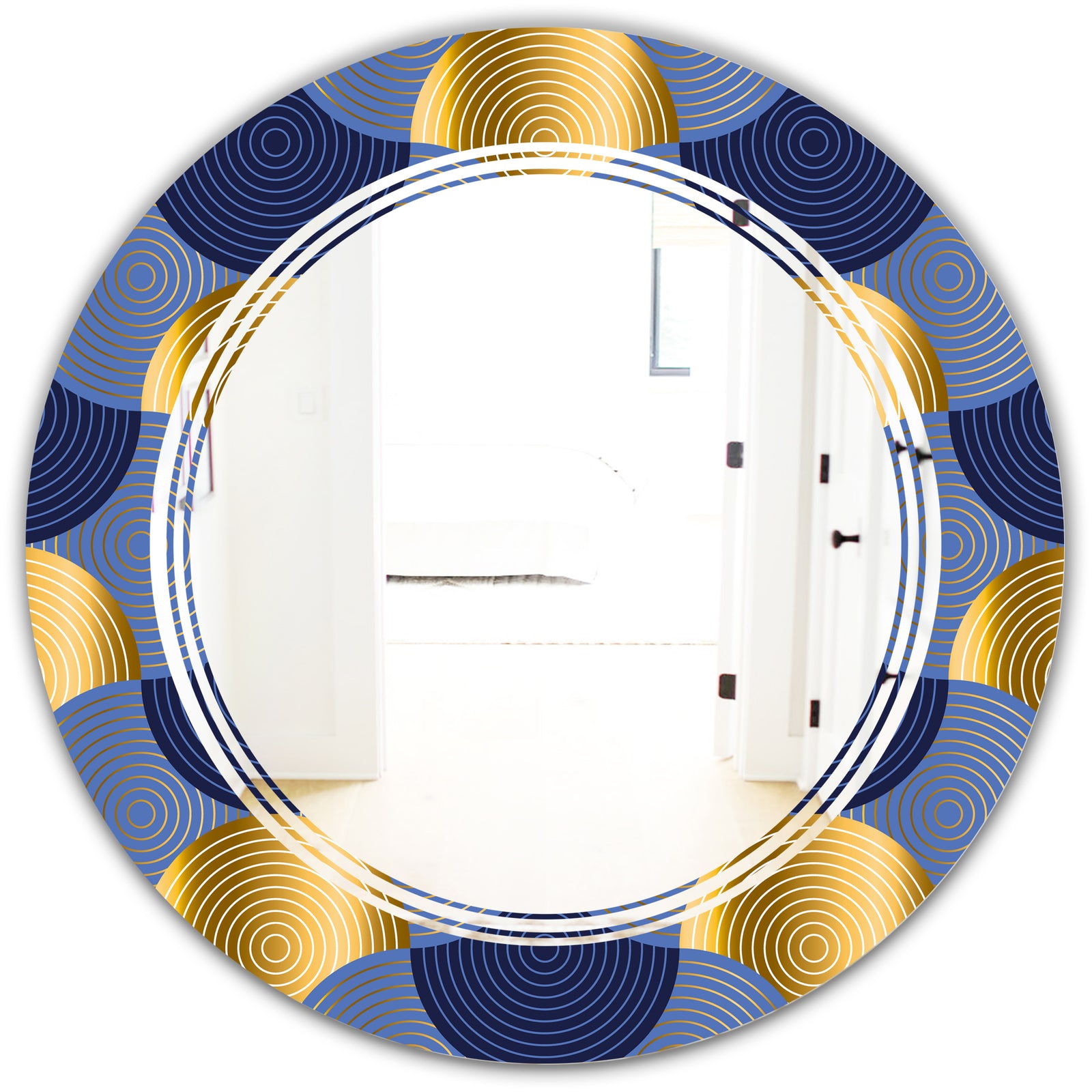 Retro Luxury Waves In Gold and Blue VIII - Modern Round or Oval Wall Mirror - Triple C