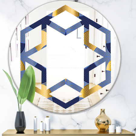 Retro Luxury Waves In Gold and Blue VIII - Modern Round or Oval Wall Mirror - Hexagon Star