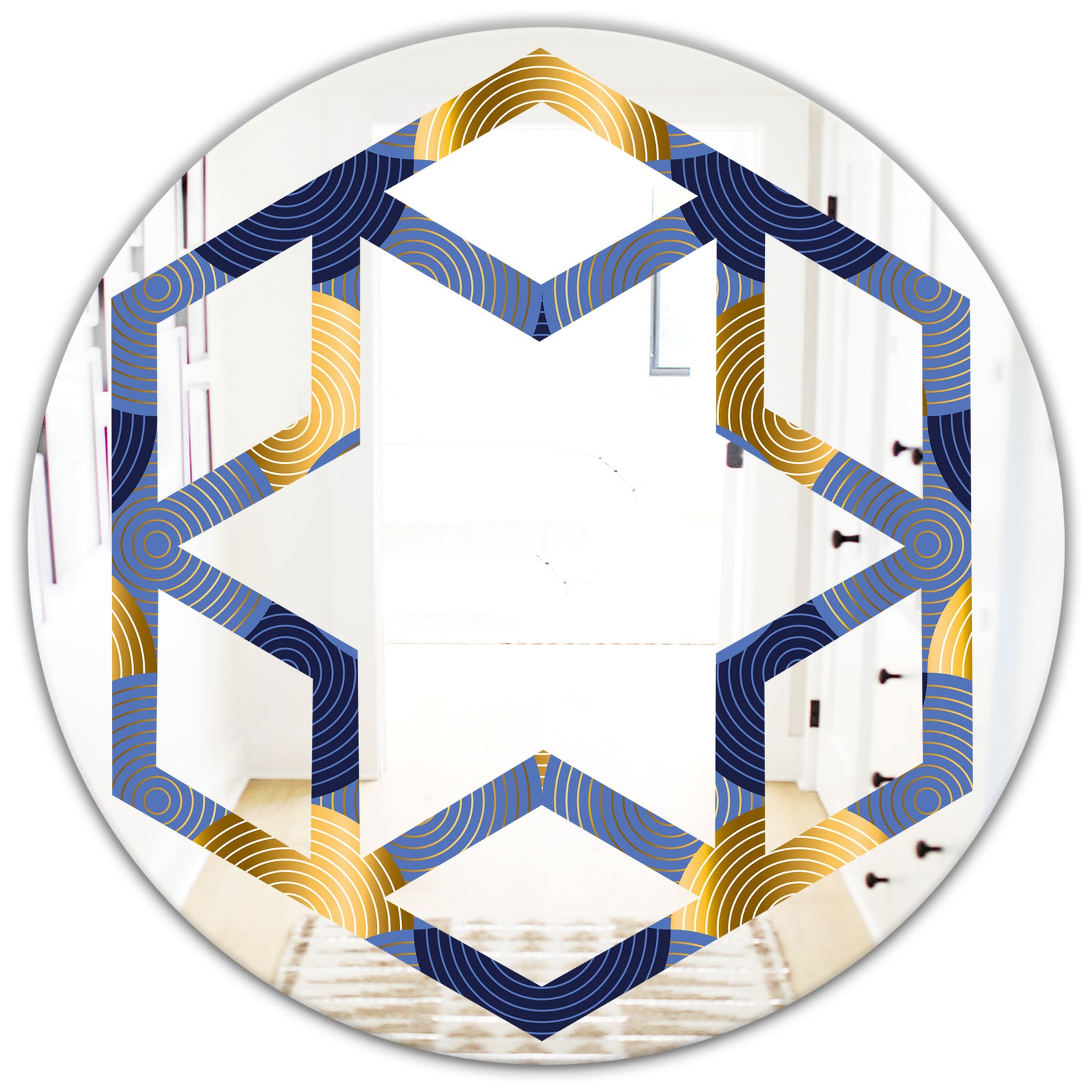 Retro Luxury Waves In Gold and Blue VIII - Modern Round or Oval Wall Mirror - Hexagon Star
