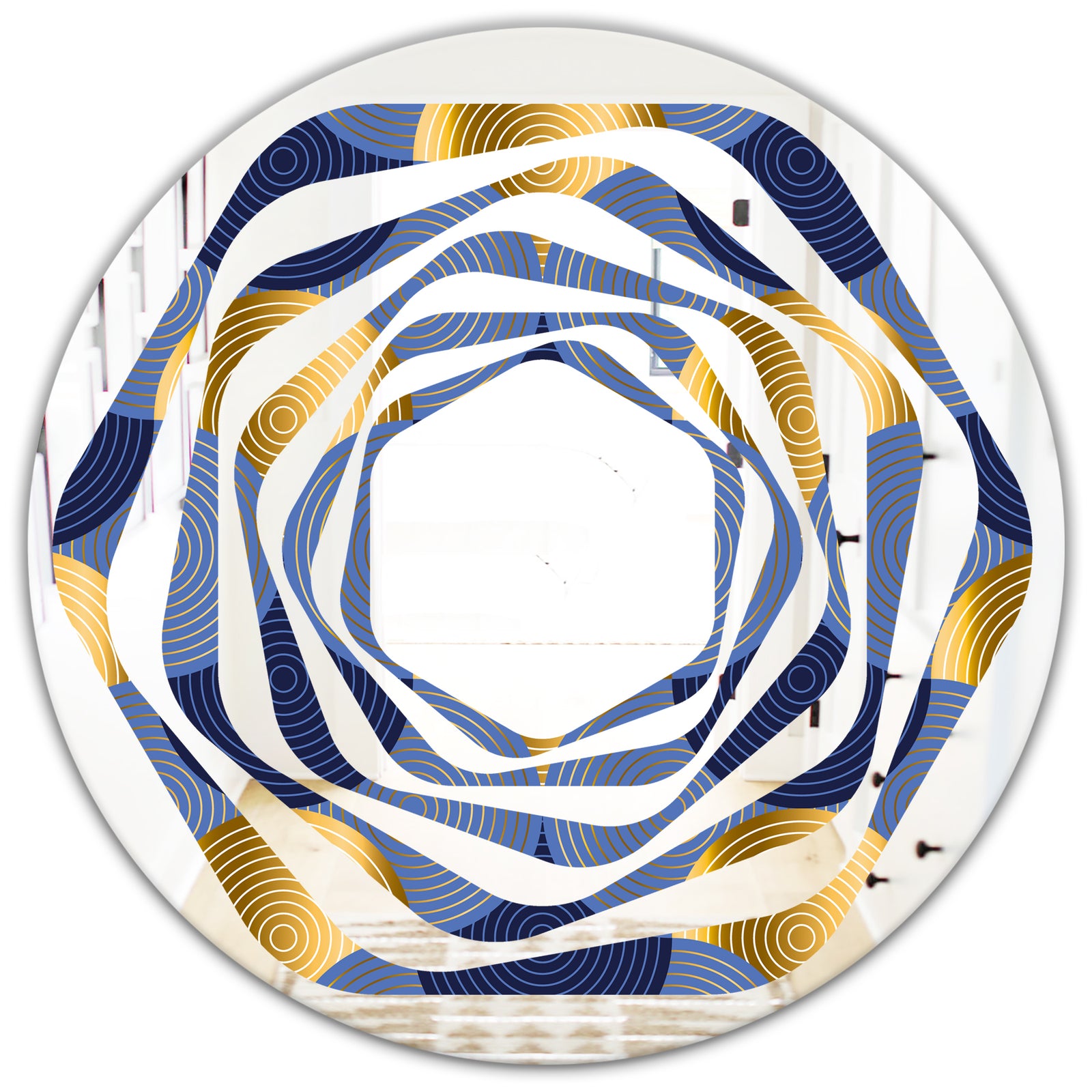 Retro Luxury Waves In Gold and Blue VIII - Modern Round or Oval Wall Mirror - Whirl