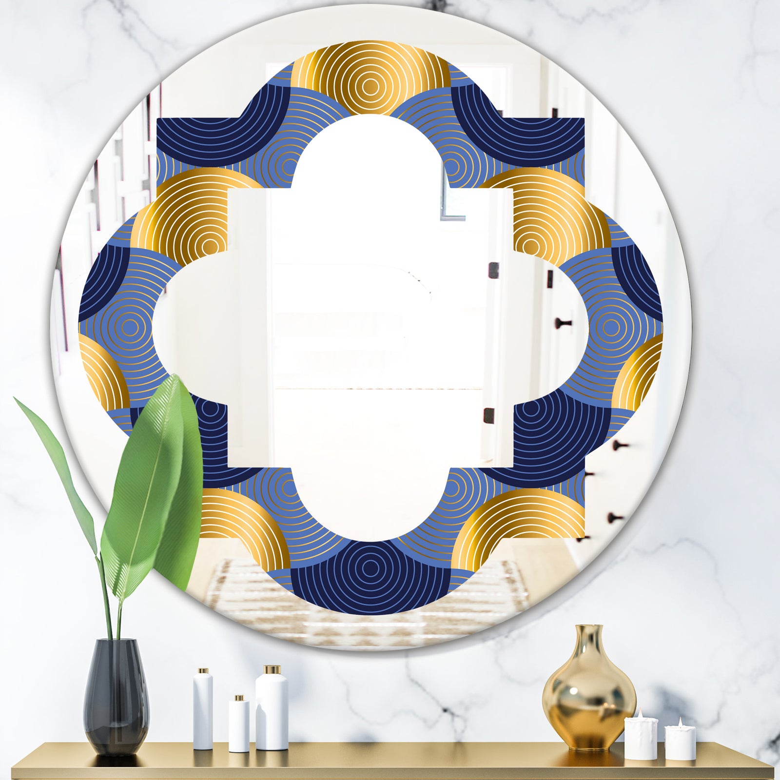 Retro Luxury Waves In Gold and Blue VIII - Modern Round or Oval Wall Mirror - Quatrefoil