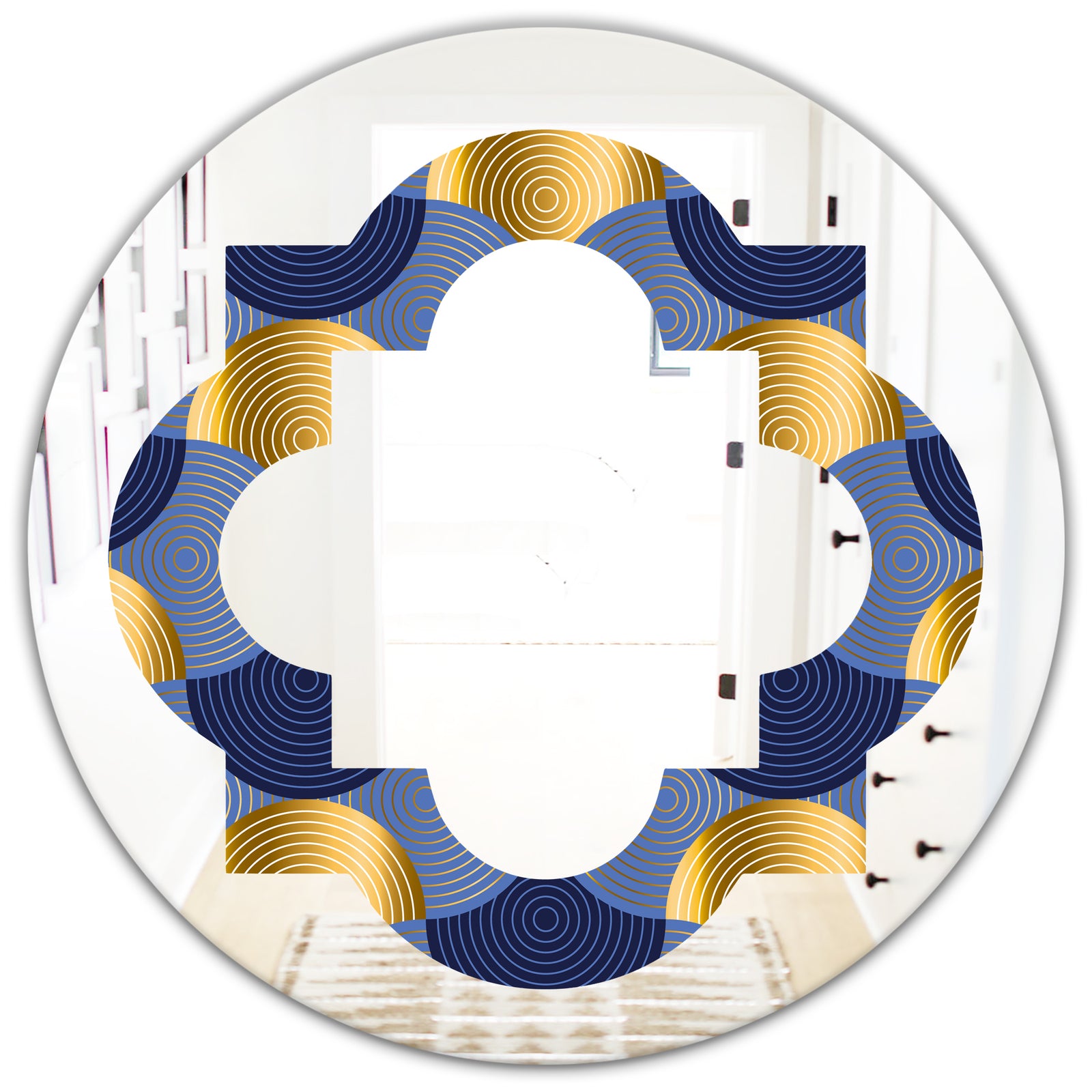 Retro Luxury Waves In Gold and Blue VIII - Modern Round or Oval Wall Mirror - Quatrefoil