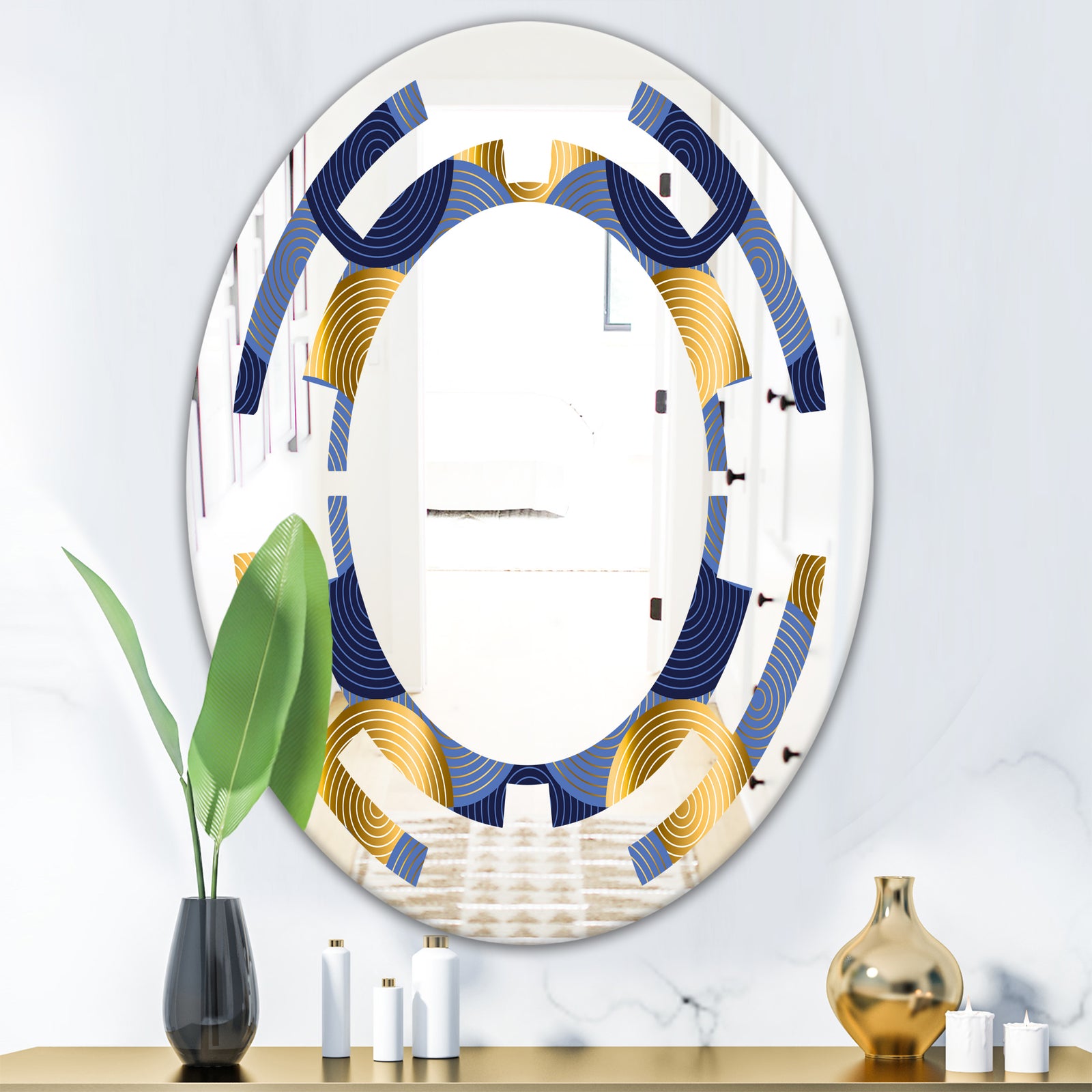 Retro Luxury Waves In Gold and Blue VIII - Modern Round or Oval Wall Mirror - Space