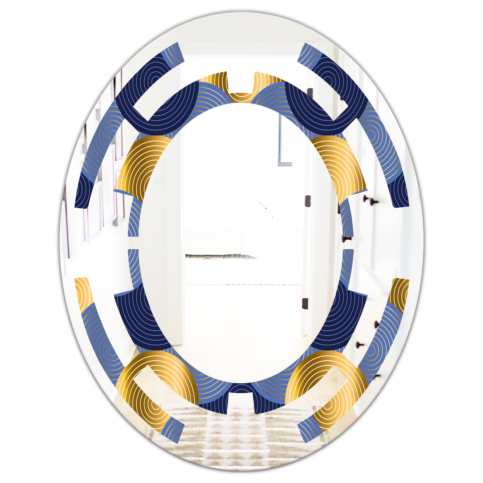 Retro Luxury Waves In Gold and Blue VIII - Modern Round or Oval Wall Mirror - Space