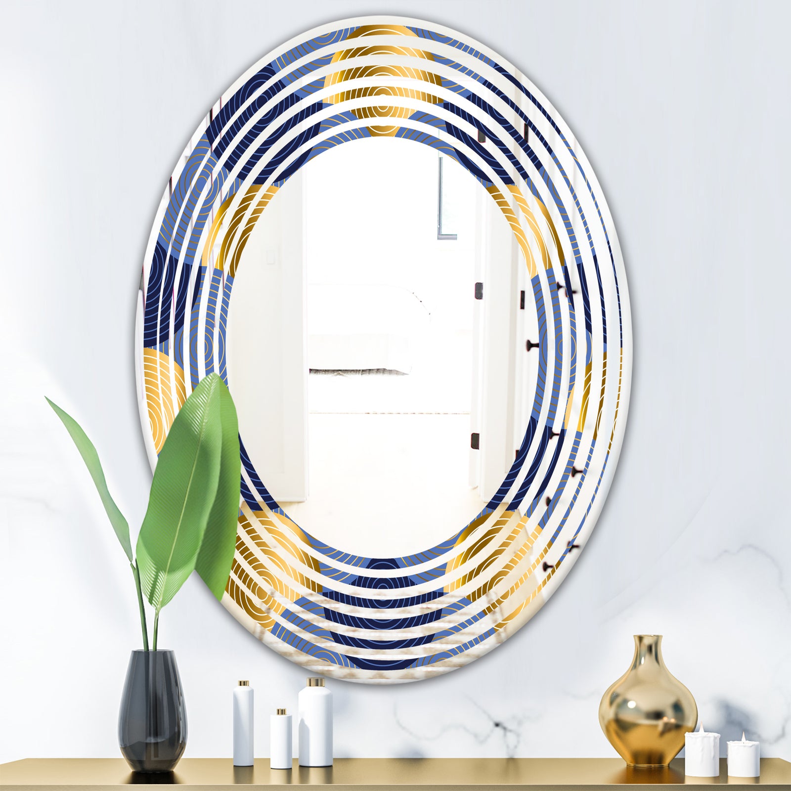 Retro Luxury Waves In Gold and Blue VIII - Modern Round or Oval Wall Mirror - Wave