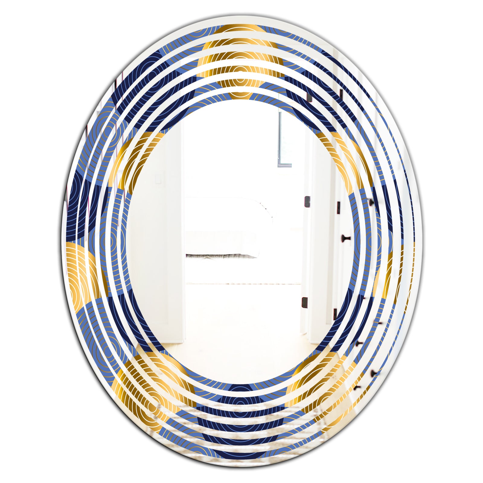 Retro Luxury Waves In Gold and Blue VIII - Modern Round or Oval Wall Mirror - Wave