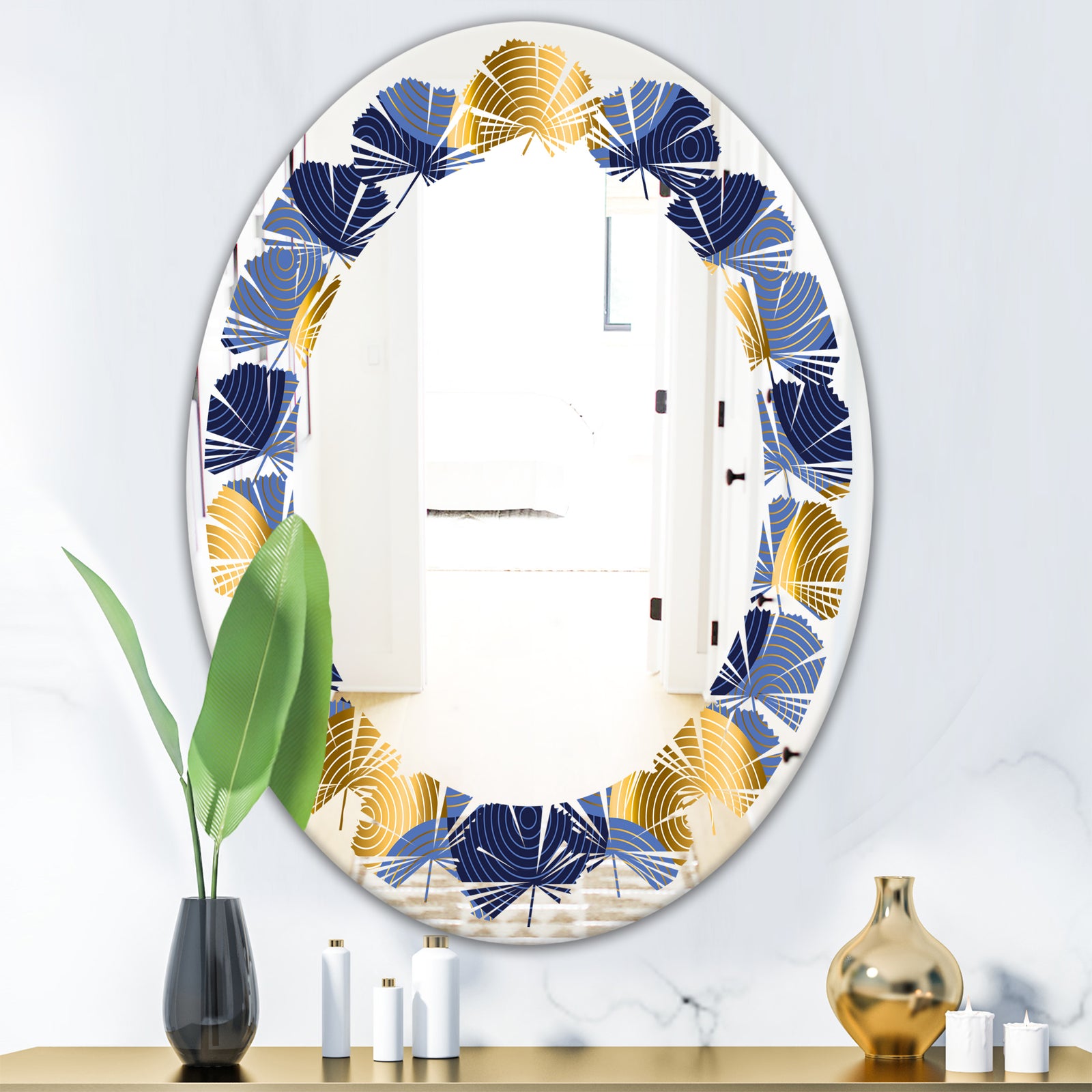 Retro Luxury Waves In Gold and Blue VIII - Modern Round or Oval Wall Mirror - Leaves