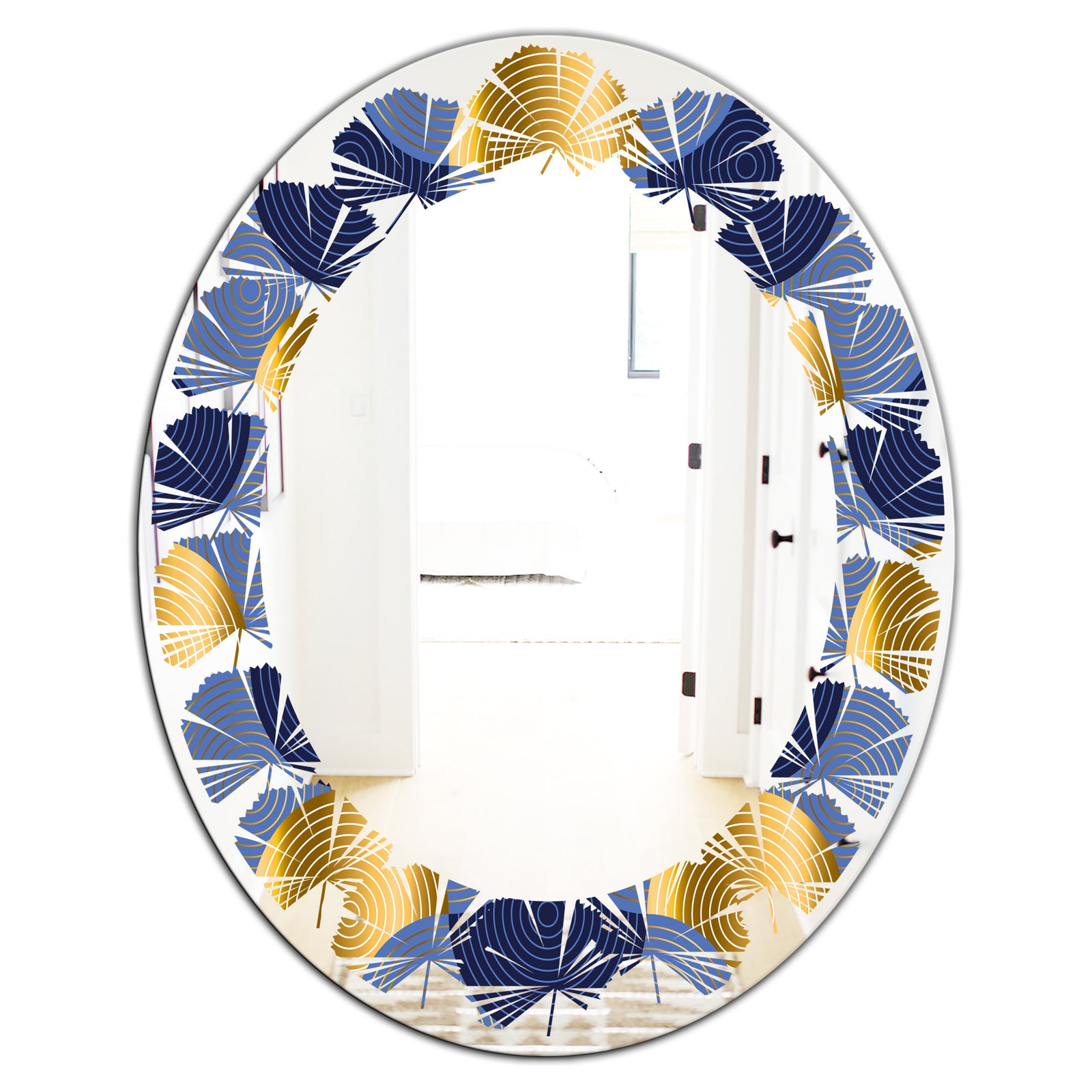 Retro Luxury Waves In Gold and Blue VIII - Modern Round or Oval Wall Mirror - Leaves