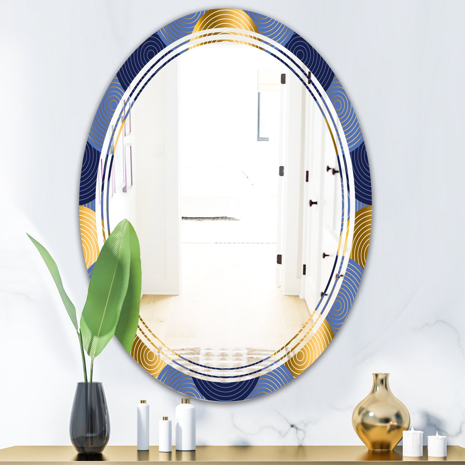 Retro Luxury Waves In Gold and Blue VIII - Modern Round or Oval Wall Mirror - Triple C