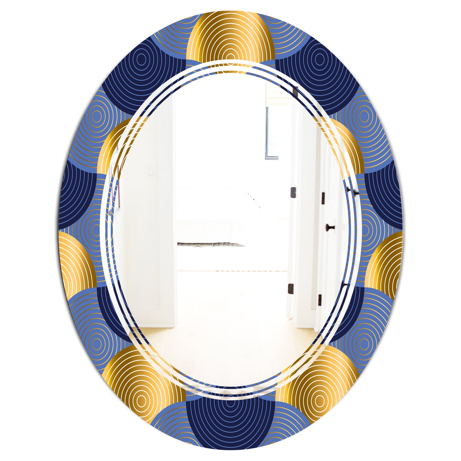 Retro Luxury Waves In Gold and Blue VIII - Modern Round or Oval Wall Mirror - Triple C