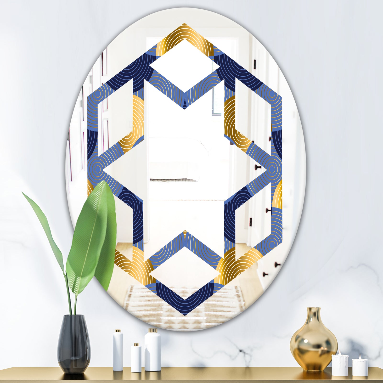 Retro Luxury Waves In Gold and Blue VIII - Modern Round or Oval Wall Mirror - Hexagon Star