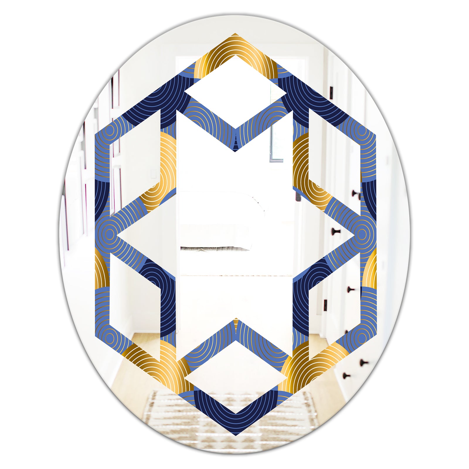 Retro Luxury Waves In Gold and Blue VIII - Modern Round or Oval Wall Mirror - Hexagon Star