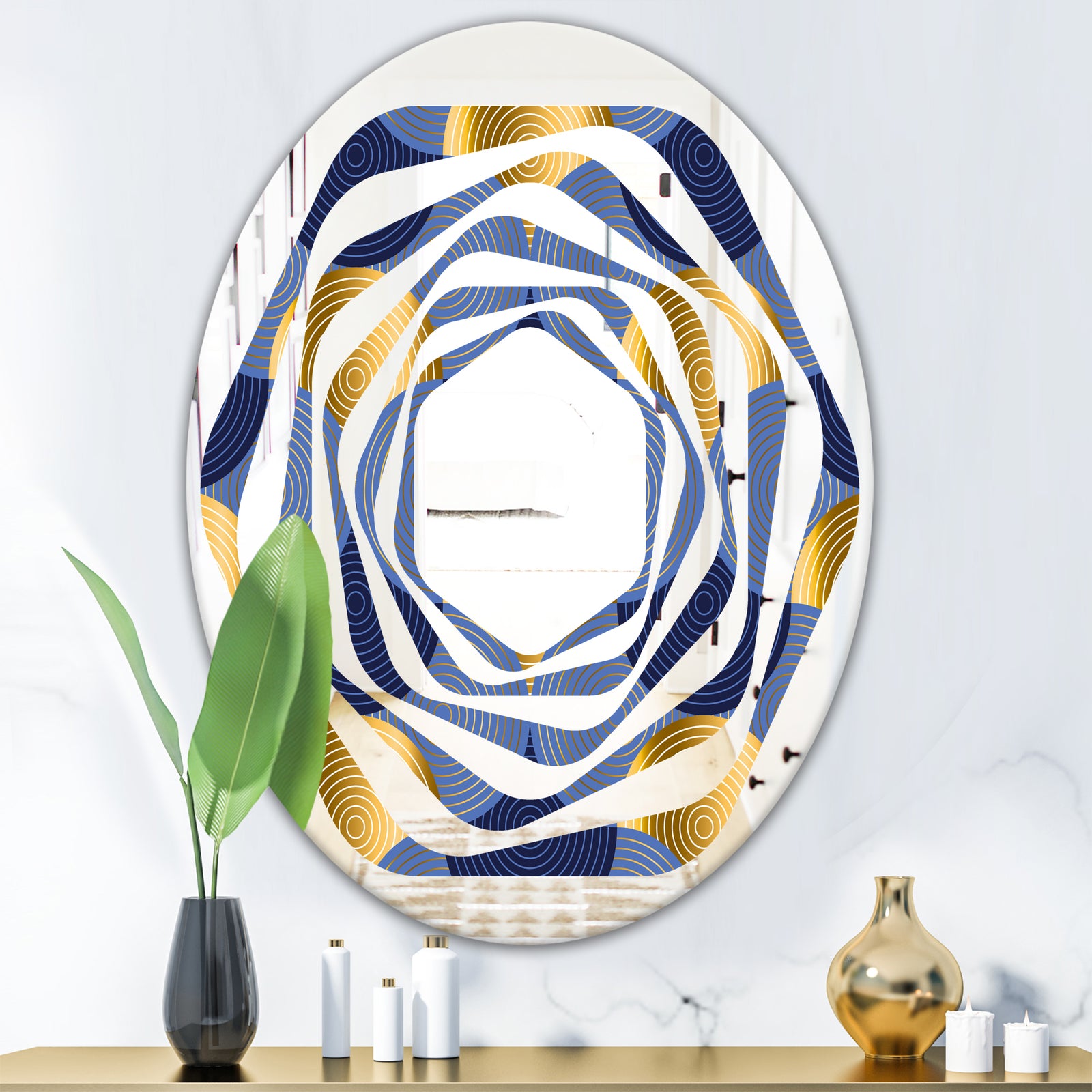 Retro Luxury Waves In Gold and Blue VIII - Modern Round or Oval Wall Mirror - Whirl