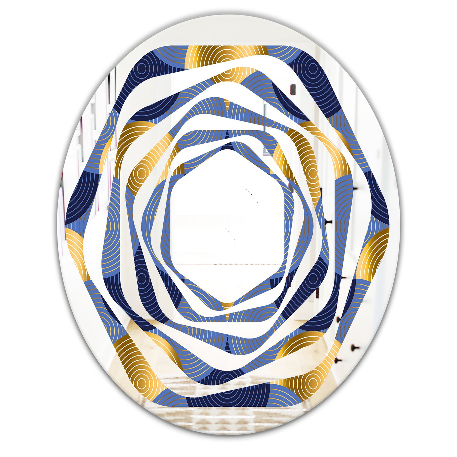 Retro Luxury Waves In Gold and Blue VIII - Modern Round or Oval Wall Mirror - Whirl