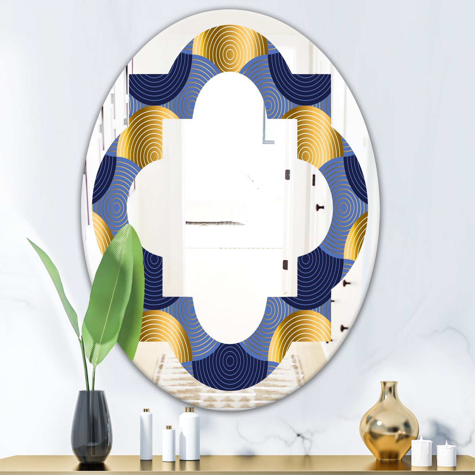 Retro Luxury Waves In Gold and Blue VIII - Modern Round or Oval Wall Mirror - Quatrefoil