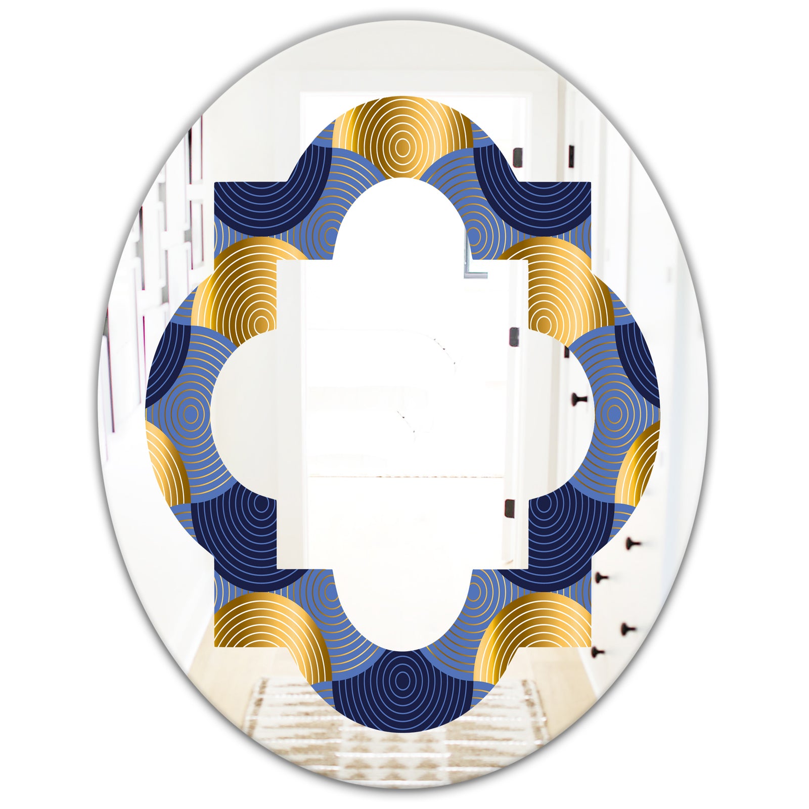 Retro Luxury Waves In Gold and Blue VIII - Modern Round or Oval Wall Mirror - Quatrefoil
