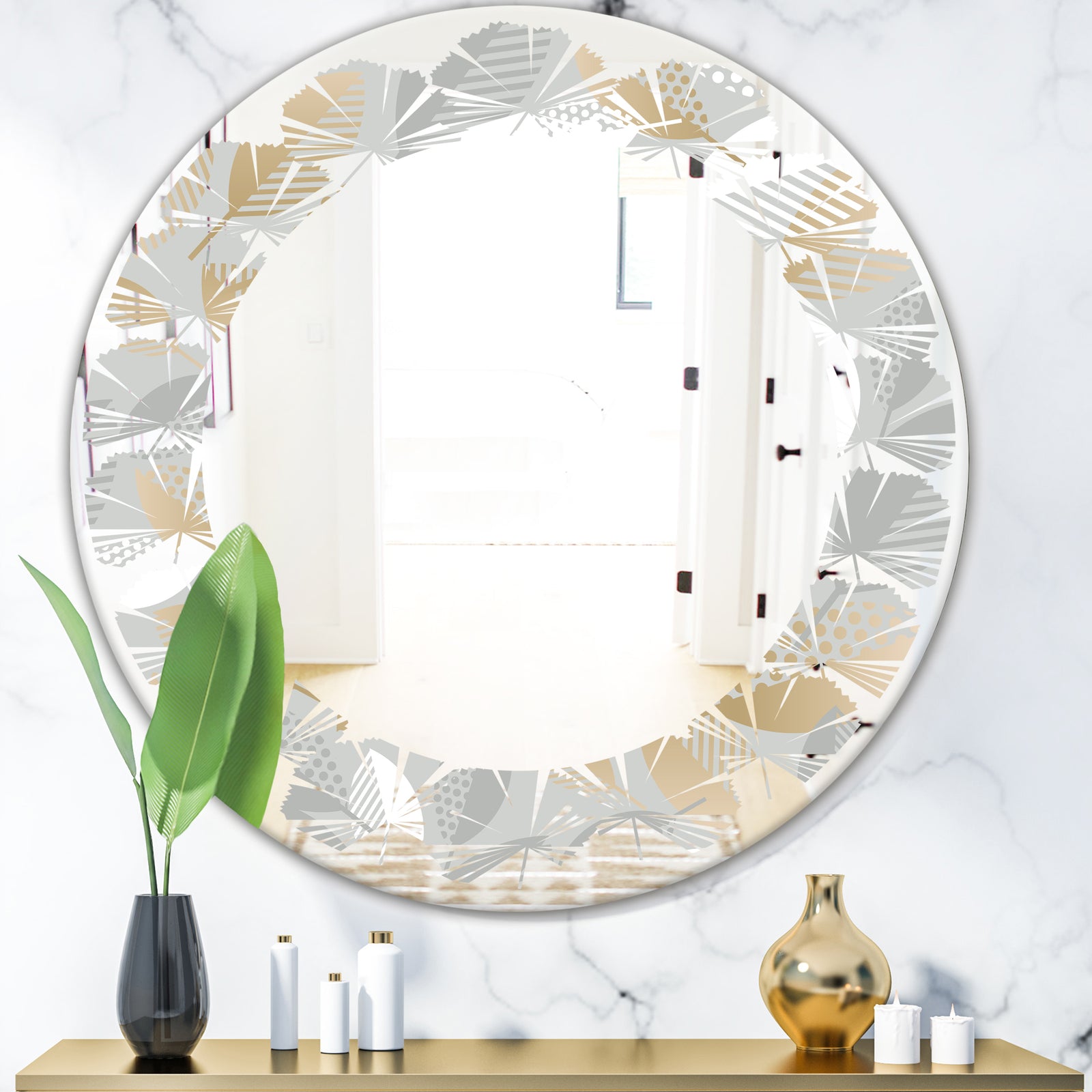 Luxury geometric fall leaves pattern - Modern Round or Oval Wall Mirror - Leaves