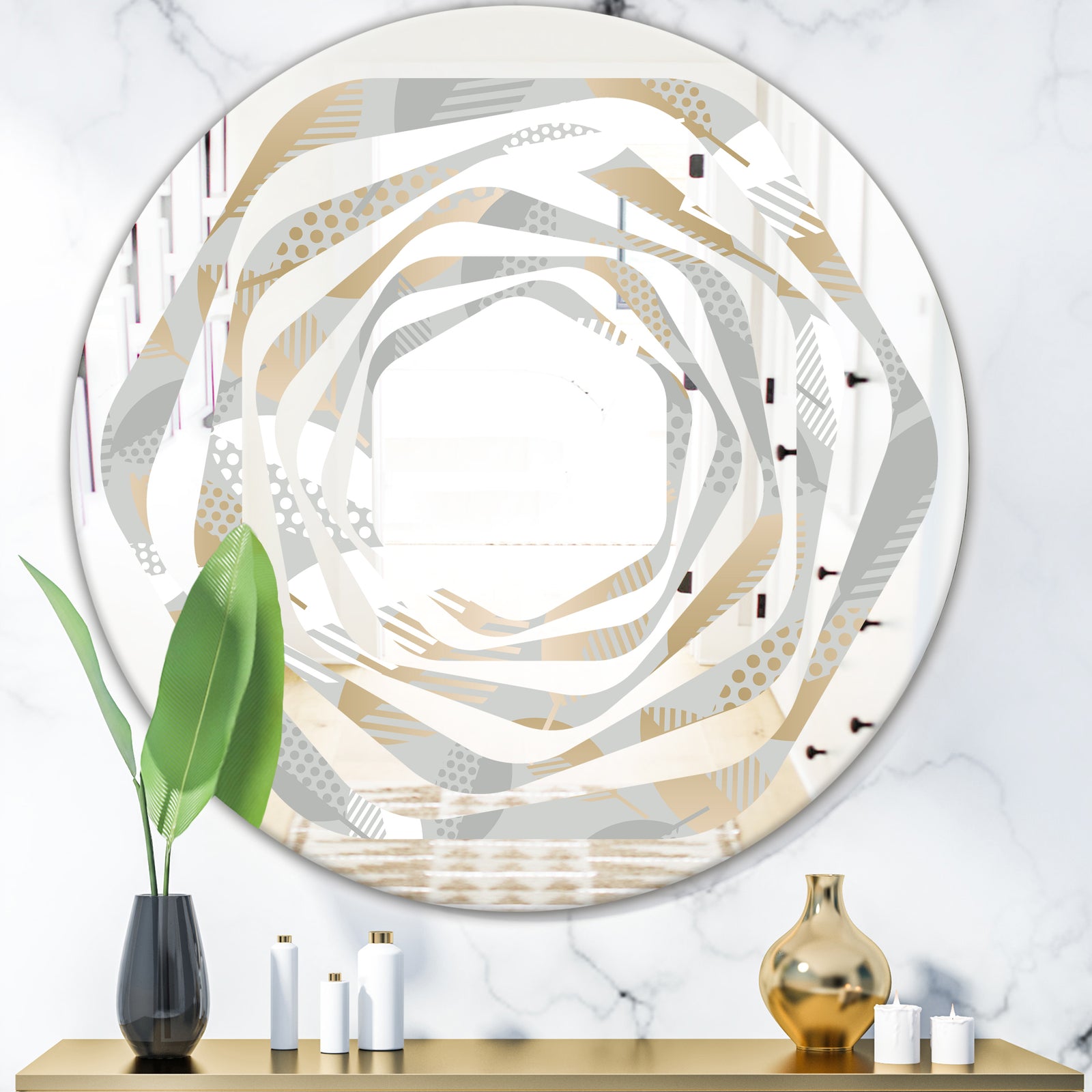 Luxury geometric fall leaves pattern - Modern Round or Oval Wall Mirror - Whirl