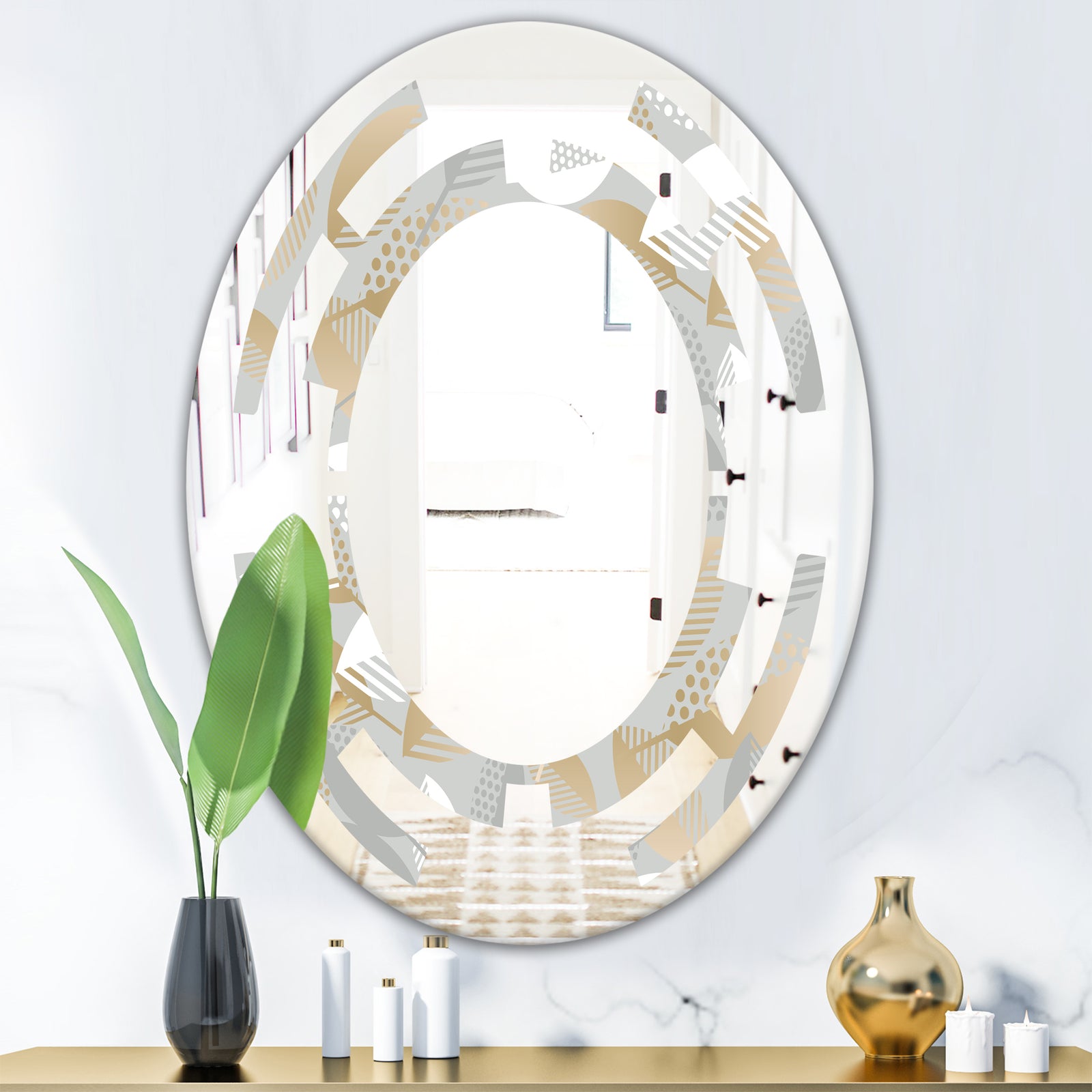 Luxury geometric fall leaves pattern - Modern Round or Oval Wall Mirror - Space