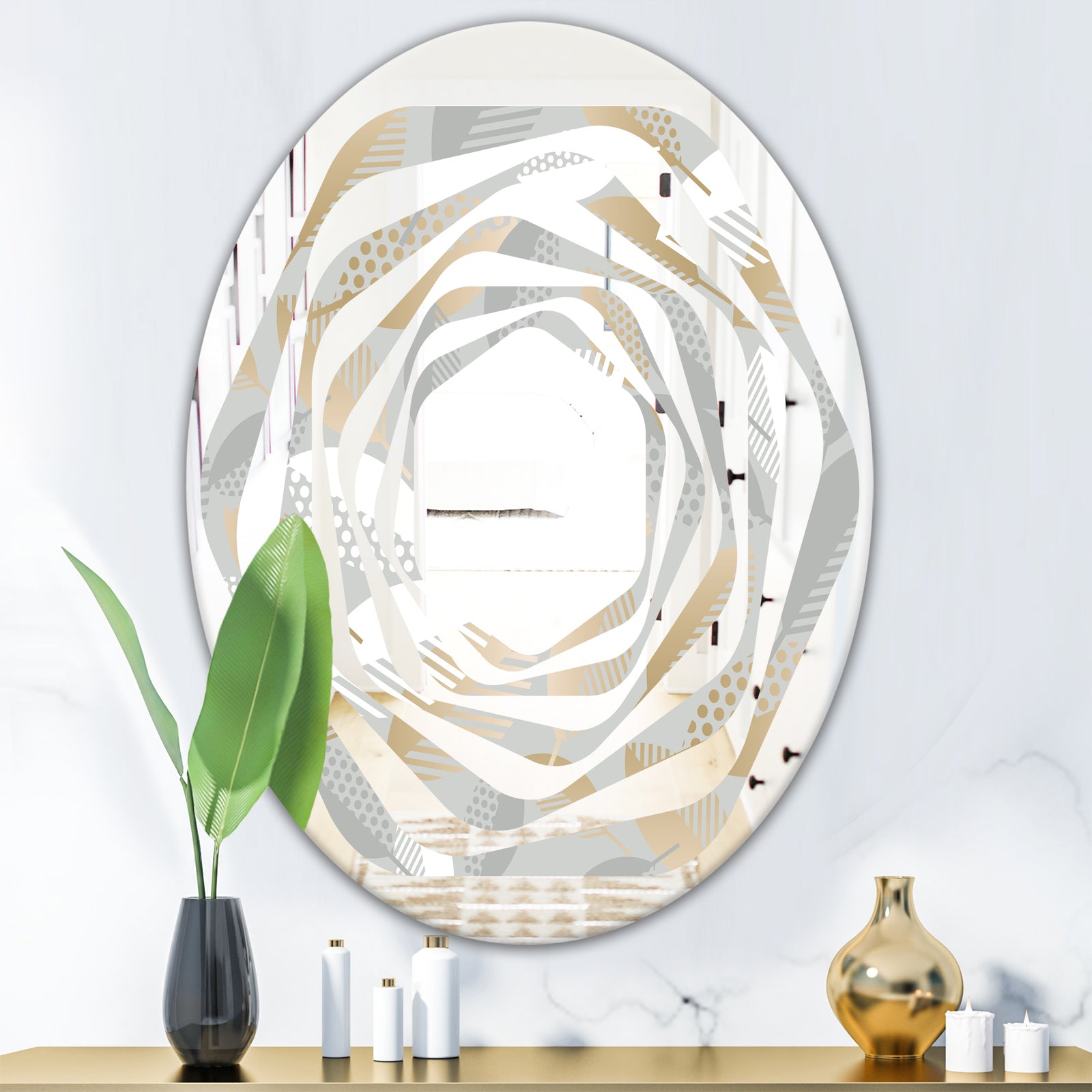 Luxury geometric fall leaves pattern - Modern Round or Oval Wall Mirror - Whirl