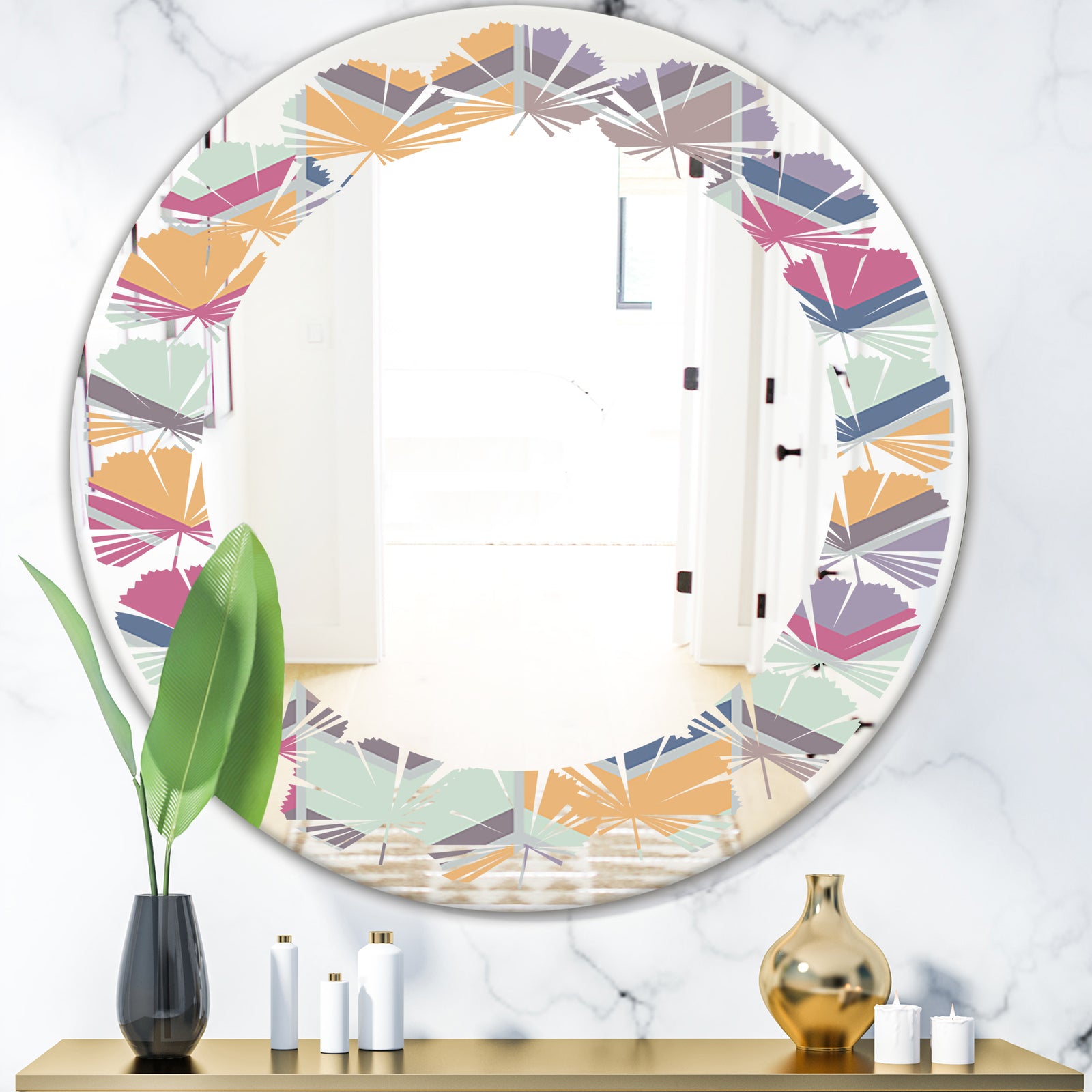 Abstract Retro Geometrical Design X - Modern Round or Oval Wall Mirror - Leaves