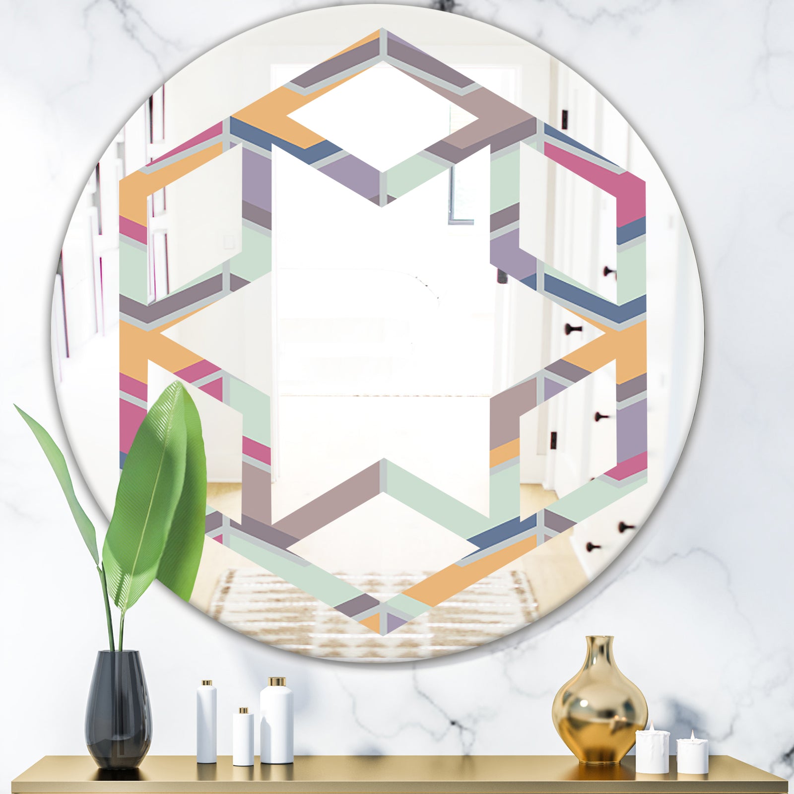 Abstract Retro Geometrical Design X - Modern Round or Oval Wall Mirror - Hexagon Star