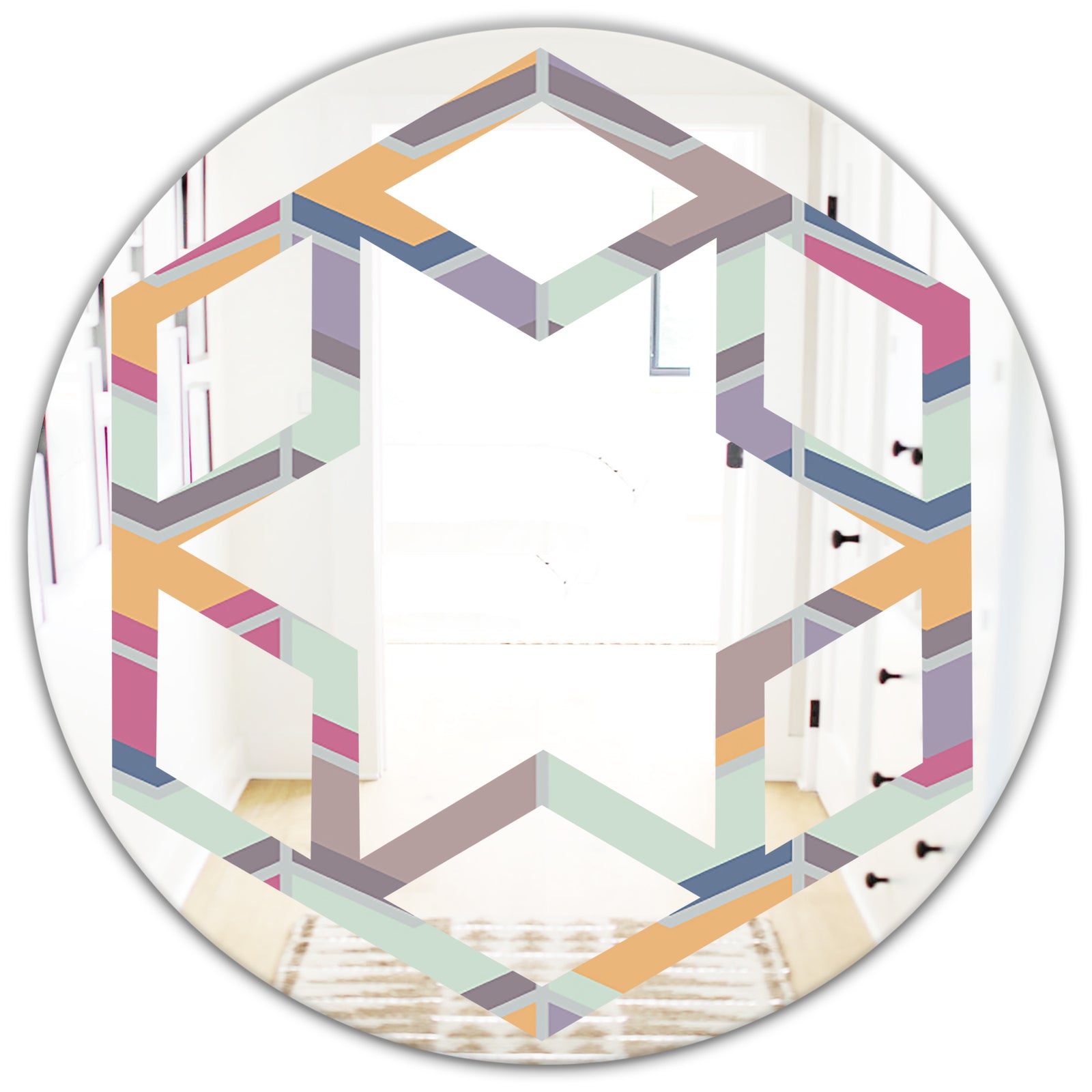 Abstract Retro Geometrical Design X - Modern Round or Oval Wall Mirror - Hexagon Star