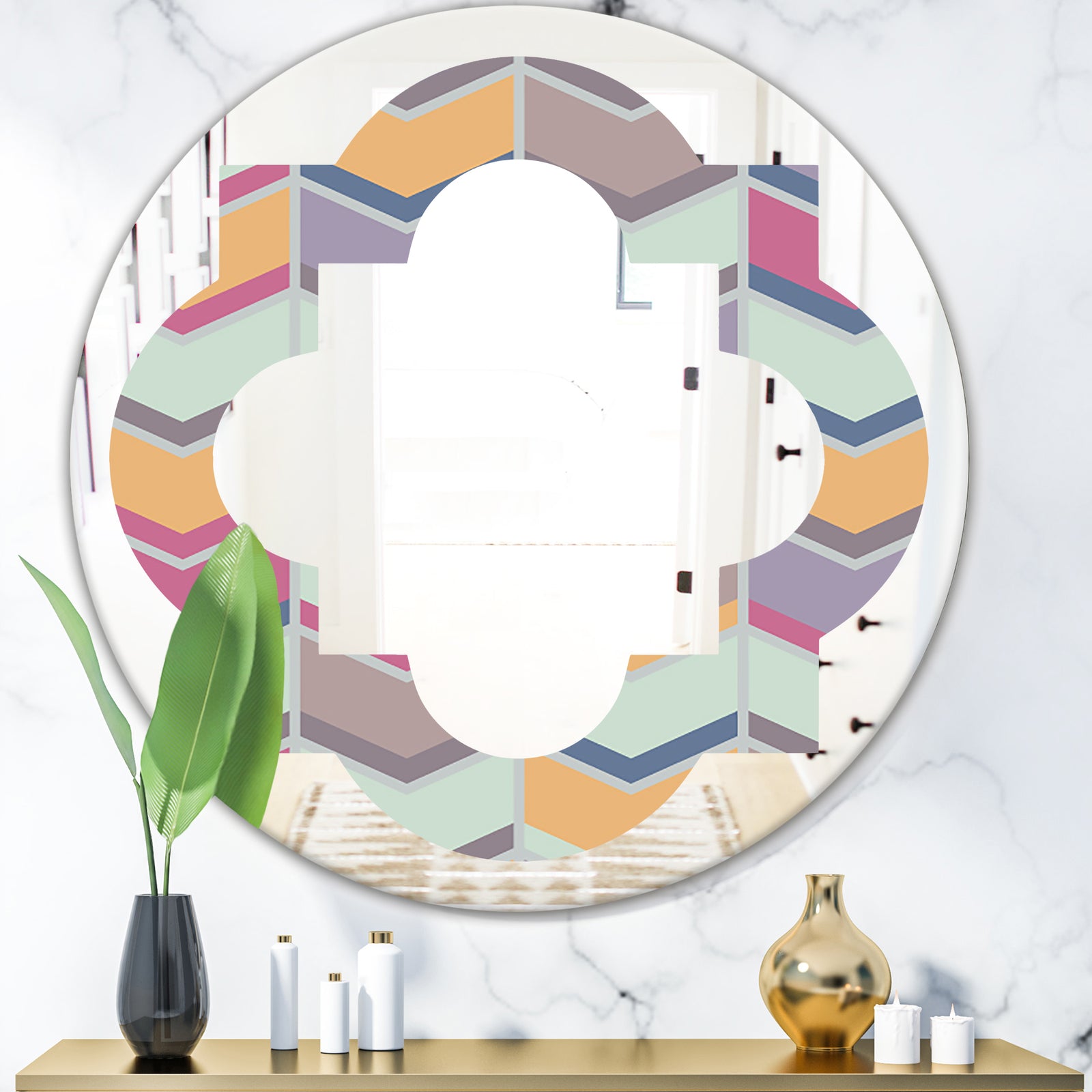 Abstract Retro Geometrical Design X - Modern Round or Oval Wall Mirror - Quatrefoil
