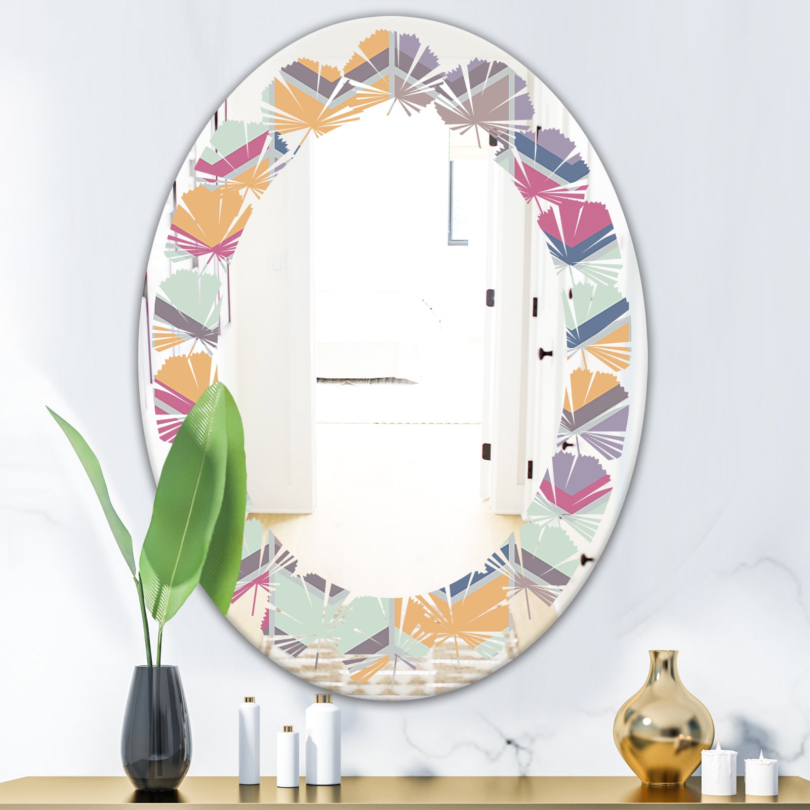 Abstract Retro Geometrical Design X - Modern Round or Oval Wall Mirror - Leaves