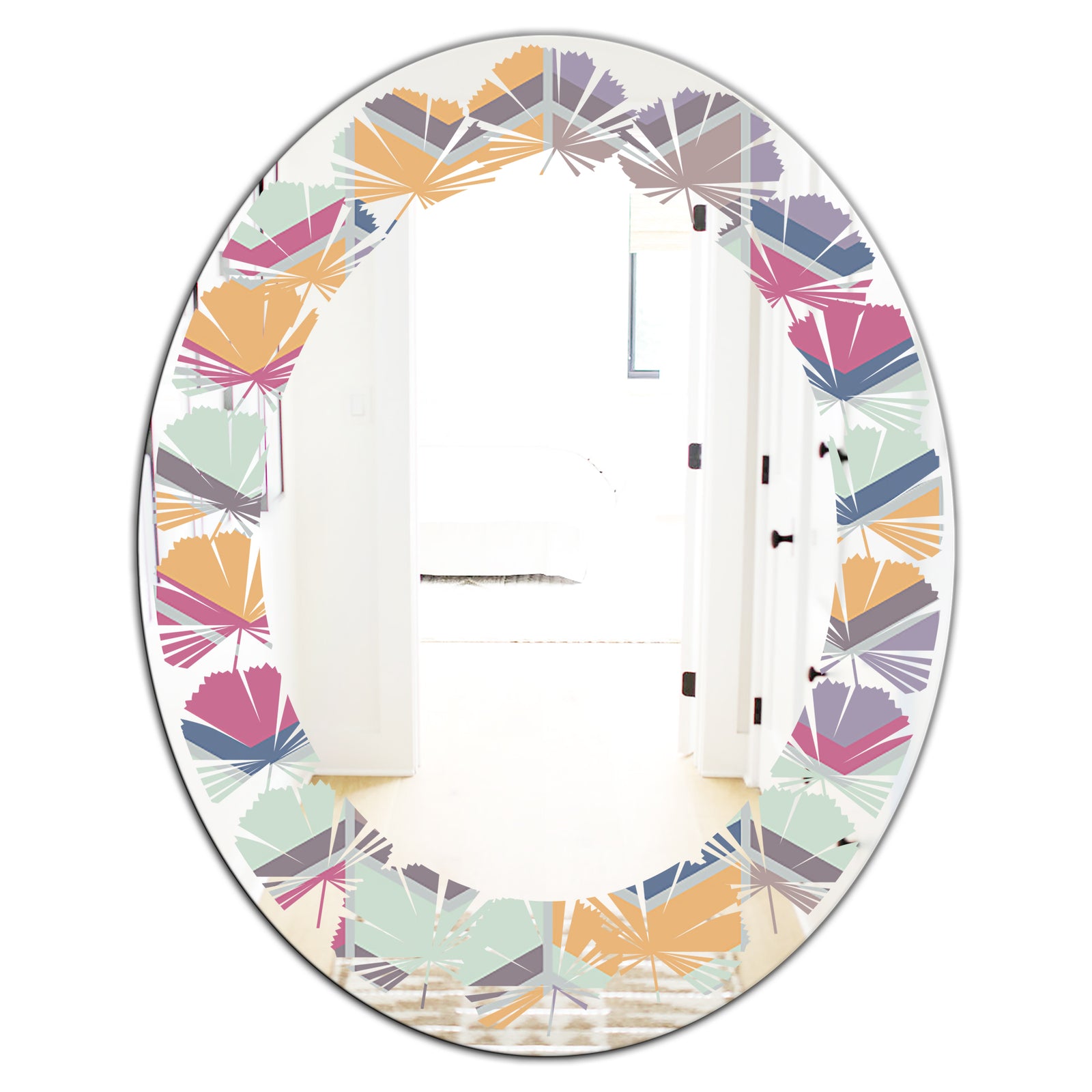 Abstract Retro Geometrical Design X - Modern Round or Oval Wall Mirror - Leaves