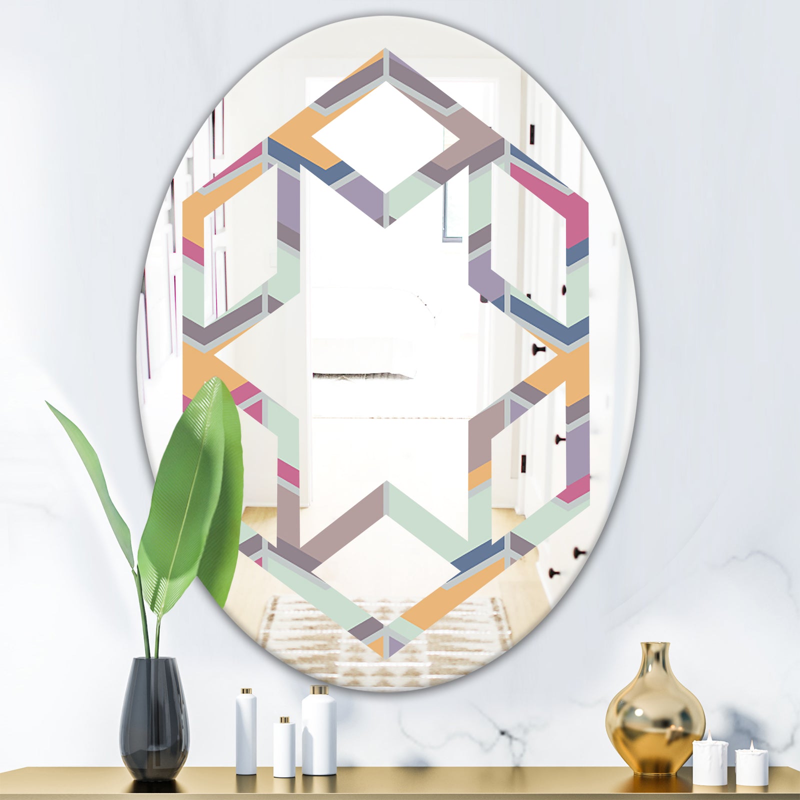 Abstract Retro Geometrical Design X - Modern Round or Oval Wall Mirror - Hexagon Star