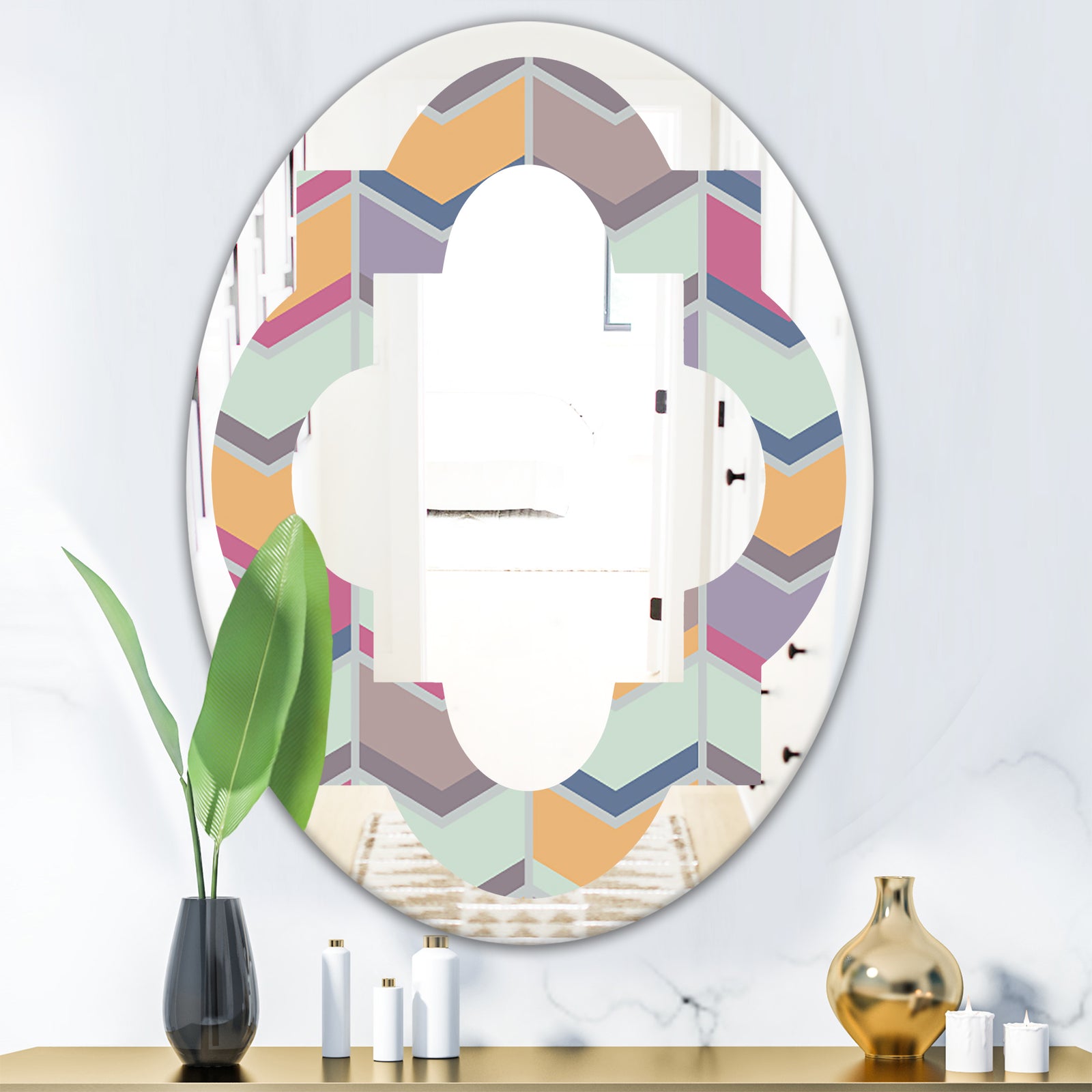 Abstract Retro Geometrical Design X - Modern Round or Oval Wall Mirror - Quatrefoil