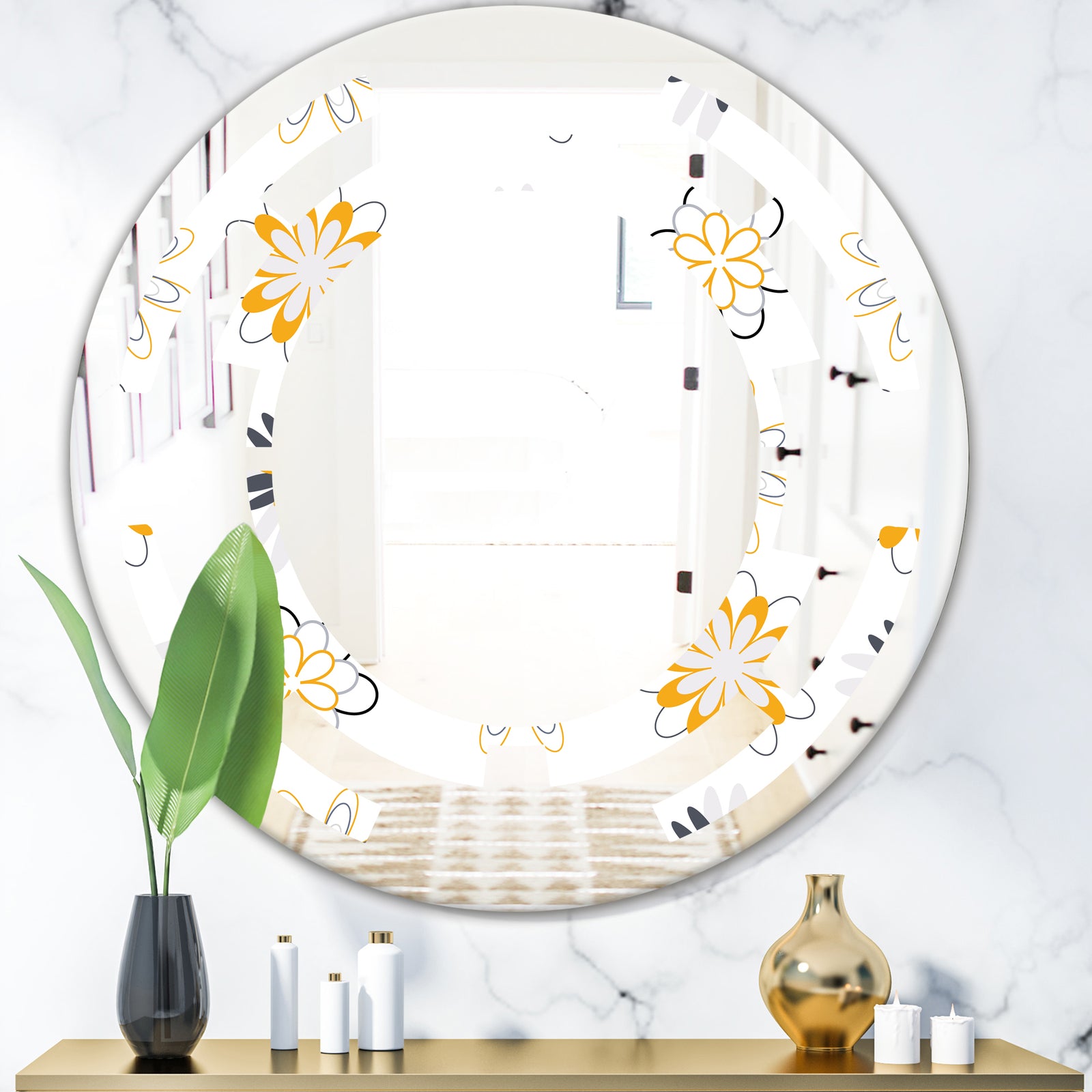 Retro Floral Pattern VIII - Modern Round or Oval Wall Mirror - Space