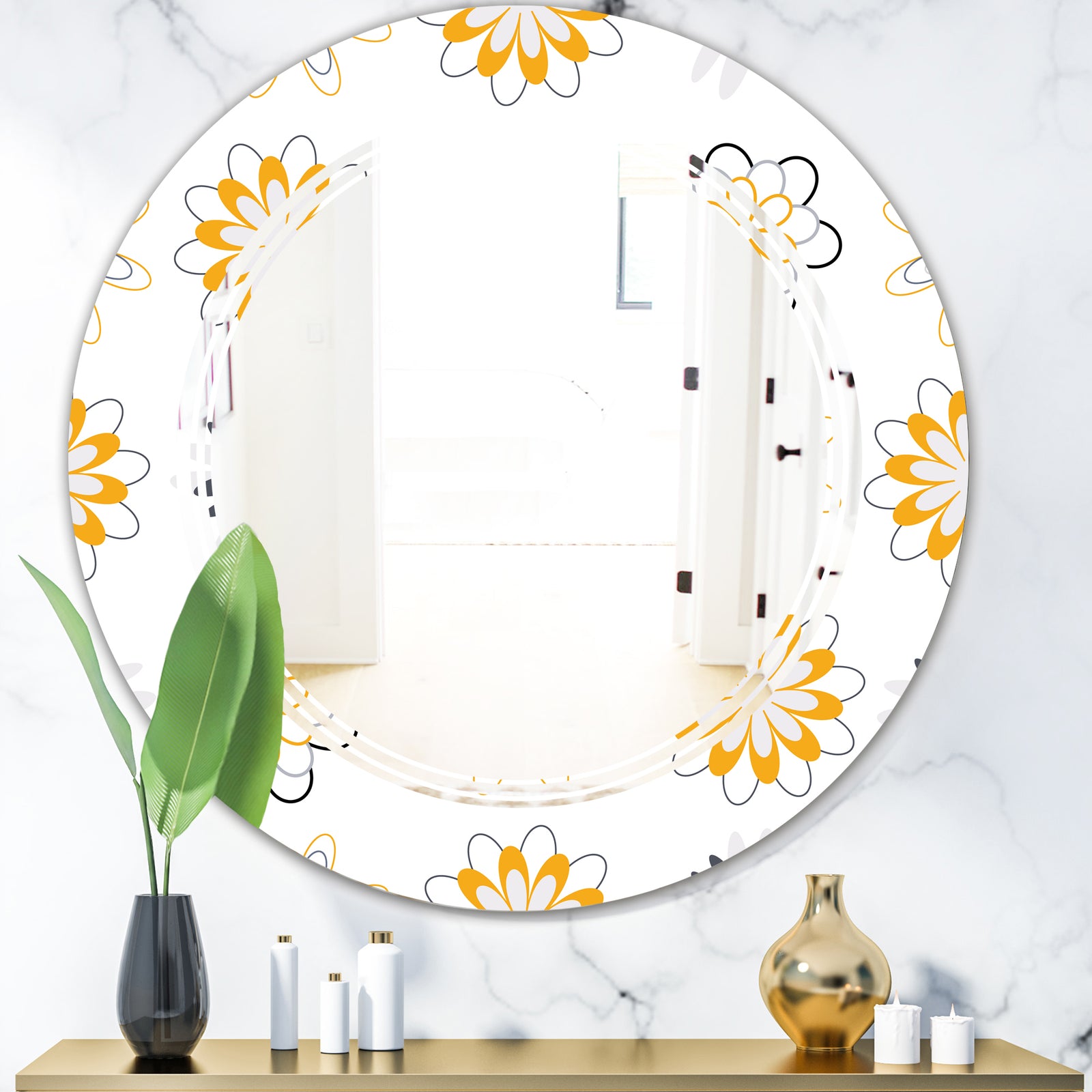 Retro Floral Pattern VIII - Modern Round or Oval Wall Mirror - Triple C