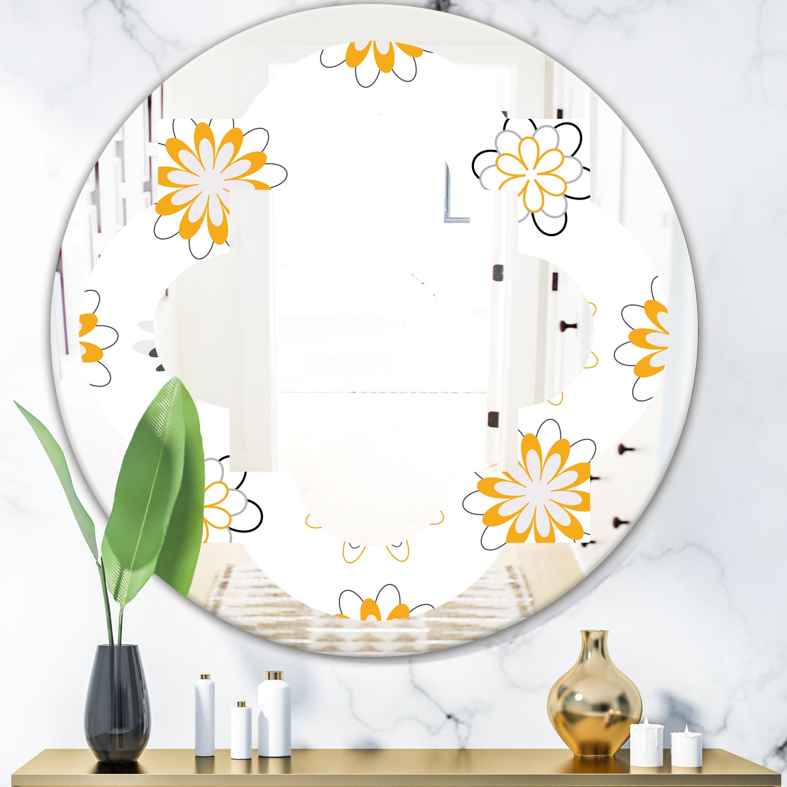 Retro Floral Pattern VIII - Modern Round or Oval Wall Mirror - Quatrefoil
