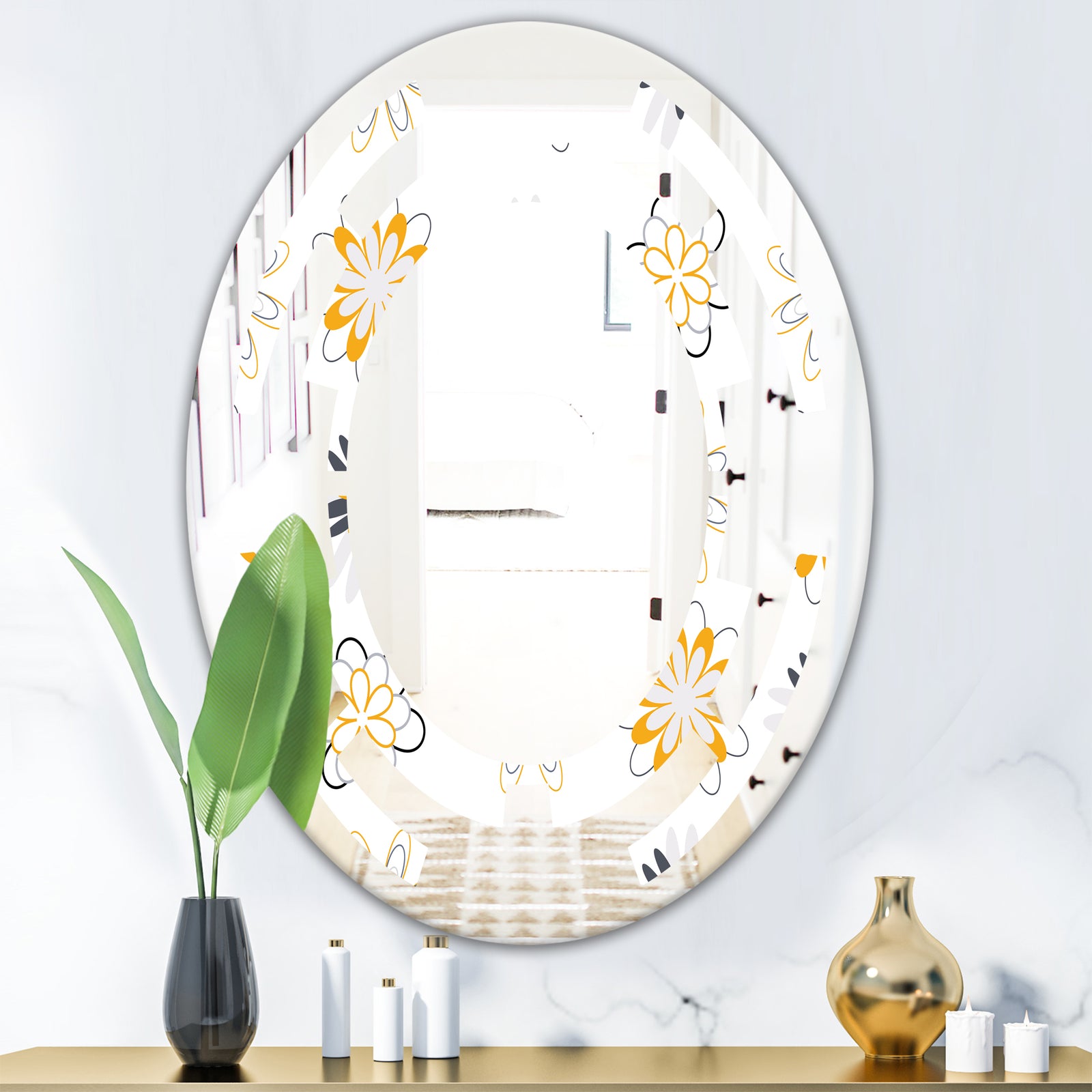Retro Floral Pattern VIII - Modern Round or Oval Wall Mirror - Space
